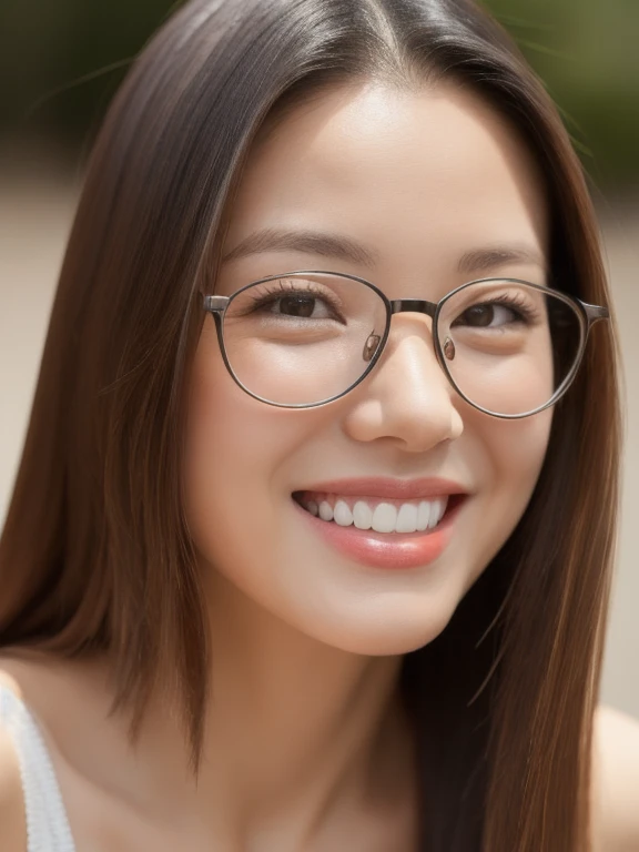 (realistic、masterpiece、Best Quality、8K、highres、high resolution:1.3)、1 glasses girl、Huge breasts、smile、white bikini、looking at viewers、super fine face and eyes、long hair、 upper body、