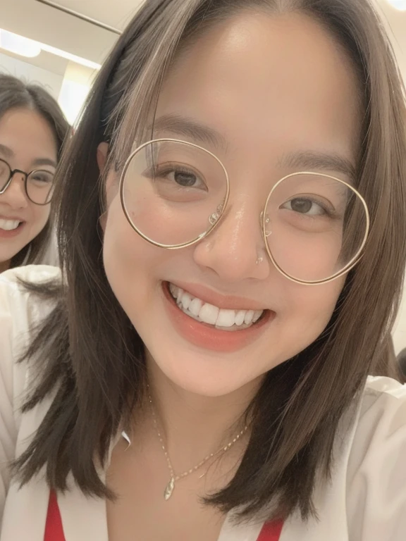 (realistic、masterpiece、Best Quality、8K、highres、high resolution:1.3)、1 glasses girl、Huge breasts、smile、white bikini、looking at viewers、super fine face and eyes、long hair、 upper body、