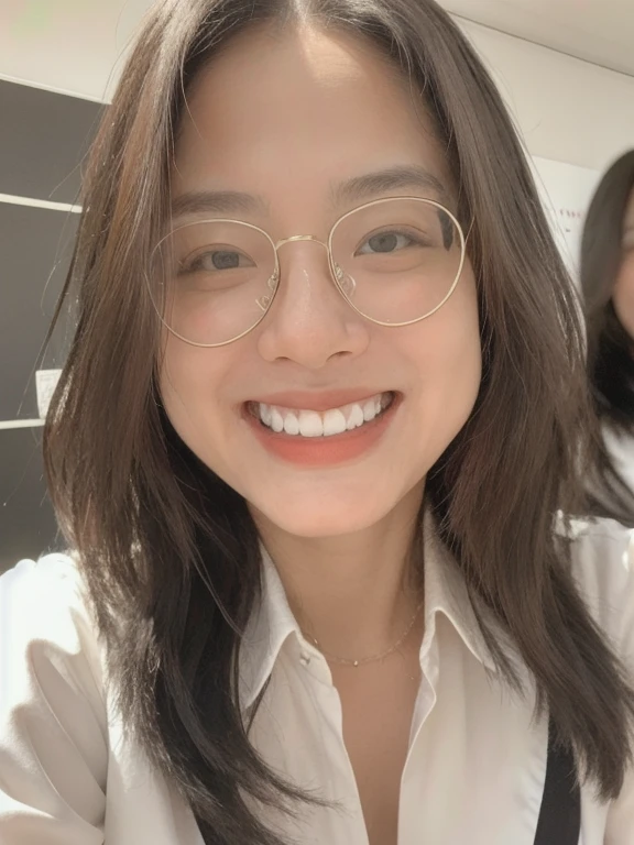(realistic、masterpiece、Best Quality、8K、highres、high resolution:1.3)、1 glasses girl、Huge breasts、smile、white bikini、looking at viewers、super fine face and eyes、long hair、 upper body、