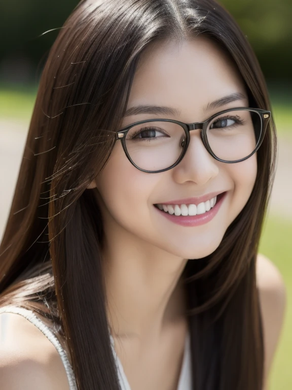 (realistic、masterpiece、Best Quality、8K、highres、high resolution:1.3)、1 glasses girl、Huge breasts、smile、white bikini、looking at viewers、super fine face and eyes、long hair、 upper body、