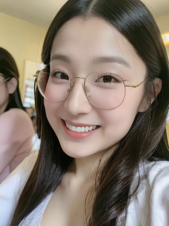 (realistic、masterpiece、Best Quality、8K、highres、high resolution:1.3)、1 glasses girl、Huge breasts、smile、white bikini、looking at viewers、super fine face and eyes、long hair、 upper body、