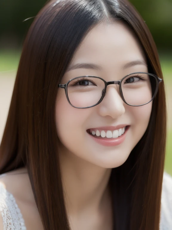 (realistic、masterpiece、Best Quality、8K、highres、high resolution:1.3)、1 glasses girl、Huge breasts、smile、white bikini、looking at viewers、super fine face and eyes、long hair、 upper body、