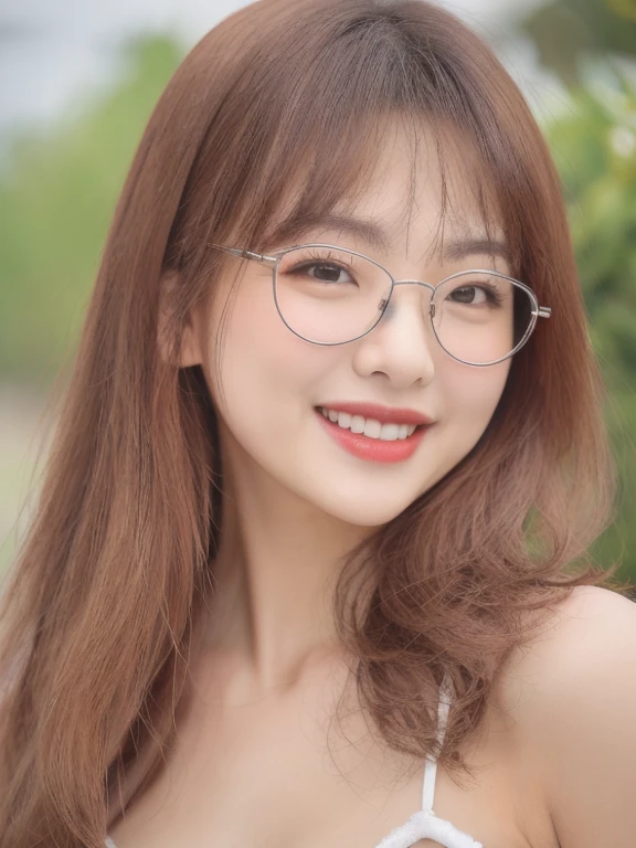 (realistic、masterpiece、Best Quality、8K、highres、high resolution:1.3)、1 glasses girl、Huge breasts、smile、white bikini、looking at viewers、super fine face and eyes、long hair、 upper body、