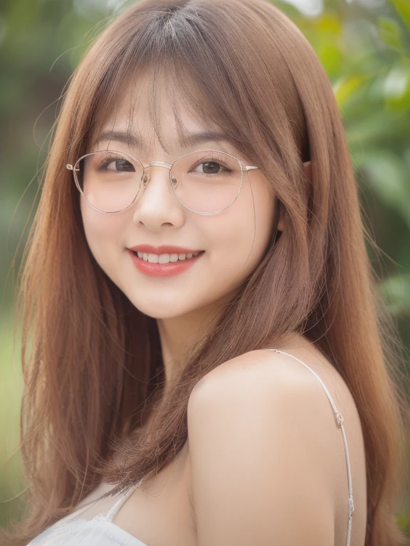 (realistic、masterpiece、Best Quality、8K、highres、high resolution:1.3)、1 glasses girl、Huge breasts、smile、white bikini、looking at viewers、super fine face and eyes、long hair、 upper body、
