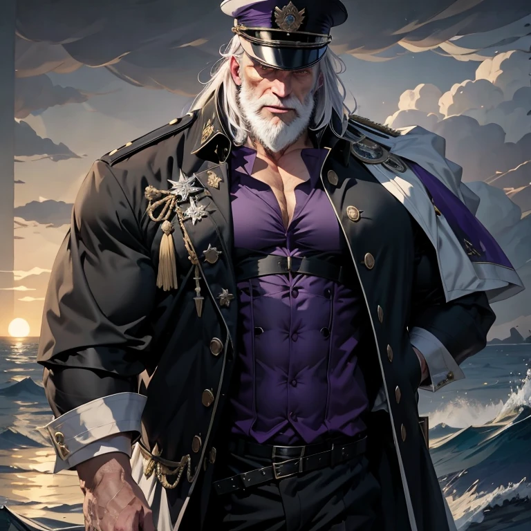 white-haired man,A 60-year-old man , wearing a violet uniform,Stand upright by the sea,Mature understanding,Wearing a black cape,Wearing a black jacket,Worried eyes,well-developed chest, weak,Bare his chest slightly,with beard,musular,There are some wrinkles on the face,Old, white-haired man,Sparse white chest hair,He's wearing a black pillbox hat, 18th century style,Pectoralis major,muscularity,Suppress the dark atmosphere,gray violet eyes, weak,seaside,Dark sky,