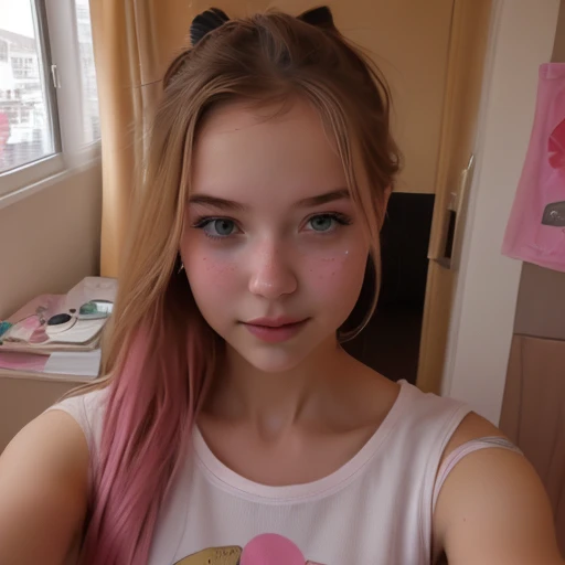 Subject: A girl taking a selfie
Type of Image: Realistic photograph
Subject Description: The girl is posing to take a selfie, with a pink top, black stockings, and E-girl makeup.
Environment: Indoor
Camera: DSLR camera
Lens: 50mm
Lighting: Soft natural light
View: Close-up
Resolution: High resolution