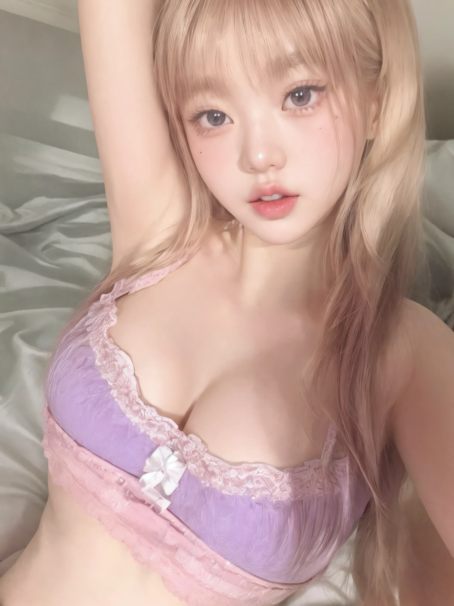 Mujer rubia con traje rosa y morado acostada en la cama, sakimichan, muchacha coreana, bella delfina, shikami, ulzzang, bbwchan, chica sexy, amoranto, small curves , linda chica kawaii, barbie doll in panties and bra, dulce conejita ultrarrealista, 1 8 son, muy hermosa linda catgirl