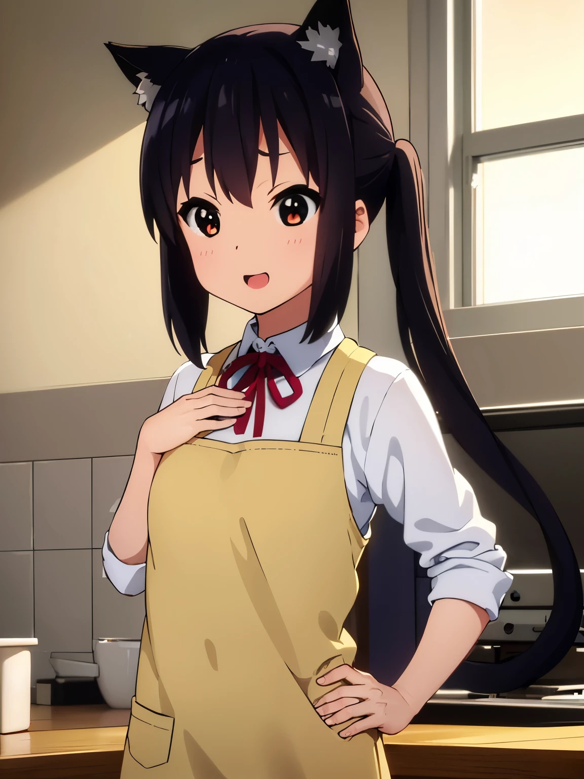 (best quality, masterpiece:1.2), 1girl, (((masterpiece))), top-quality, top-quality, High Details, nakano azusa, 1girl, Cafe waiter uniform, black cat ear, (((black cat ear))), Twin-tailed, length hair, A dark-haired, brown-eyed, solo, reddish, thin red ribbon, Solid white buttoned shirt under blazer, illustratio, comic strip, soothing tones, Subdued Color, Soft cinematic light, adobe lightroom, photolab, HDR, intricately and hyper-detailed、(((depth of fieldasterpiece)))。(((top-quality))).)((ultra-detailliert)))。(((illustratio)))。(((takeout))).dynamic focus.big breasts.(((kitchen))).(((A home))).(((Face of Smile))). open mouth.(((put hands on the hip))).(((up chest))).((morning glow)).((the setting sun)), solo, anime, anime screencap,  ray tracing, global illumination, ultra resolution image, vivid color,  cinematic light,  lens flare,  light on face, glow eyes,  depth of field, happy, detailed background, cute,  straight-on, dive dress, navel,