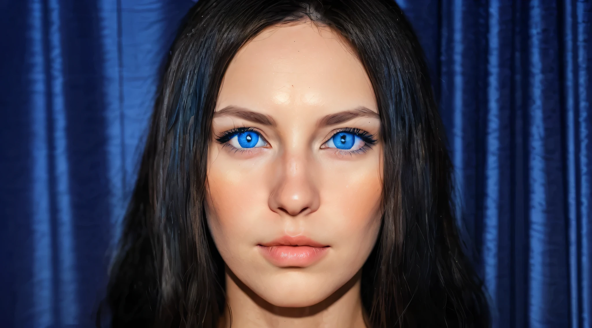 beautiful woman with blue eyes looking at the camera, in light orange and light indigo style, faceted shapes, Ferrania p30, angelcore, zigzags, dark brown and white, sharp edges