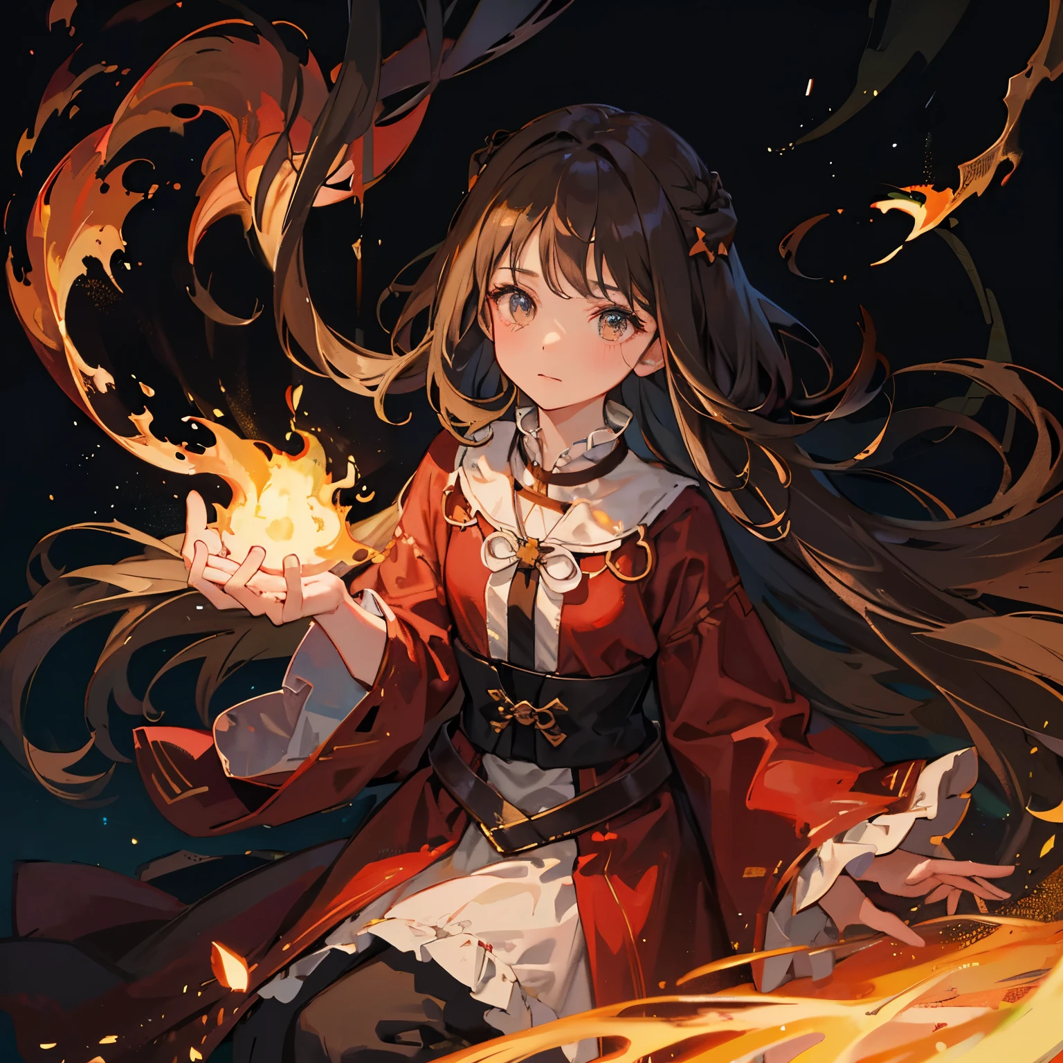 (best quality, masterpiece), (1girl, solo,brown robe, expression face, looking away, sitting, wide sleeves, black eyes, closed mouth, ribbon shape fire on head, long hair, cowboy shot), (Monochrome, night sky at cave entrance , light rising from the bottom, inside Cave, floating glowing bunch of white particles, burning fire at hand, floating many small fires),