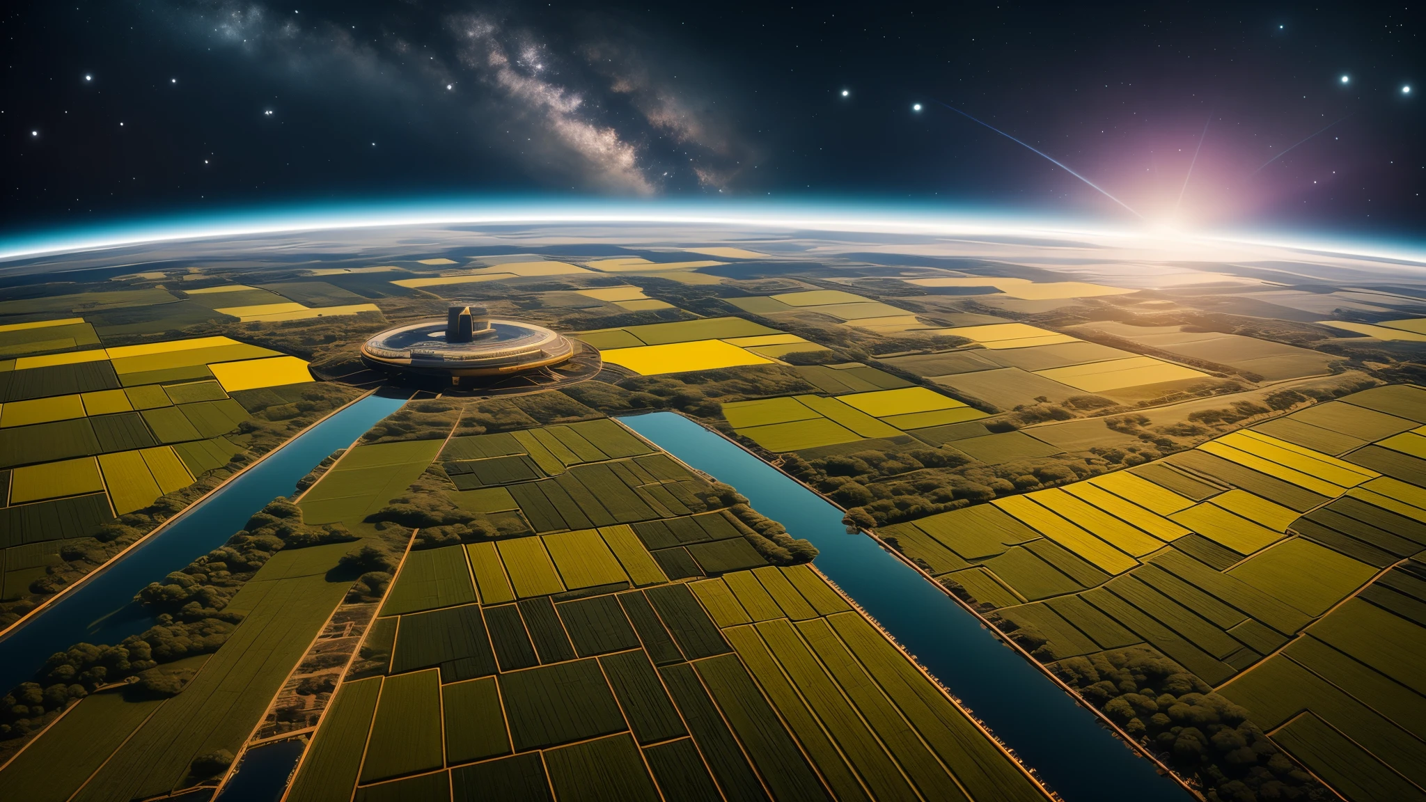 启动未来派水稻田与Space Station的创作模式，Incorporating elements from alien rice。first，Paint a deep space background，The stars are shining，The universe is boundless。in this magnificent universe，一座先进的Space Station静静地漂浮着，Its structure is complex and delicate，Reflecting the rays of the sun，Showing the brilliance of human technology。 Space Station下方，It is a rice field full of vitality and vitality。This rice field contrasts sharply with the space environment，Emerald green rice leaves and golden ears of rice sway in the sun，Like the green gem of the earth。in this rice field，A unique alien rice grows，Their shape is different from traditional rice，Taller、lush，Emits faint fluorescence。 To create a futuristic atmosphere，Can use avant-garde and abstract colors and lines，such as deep purples、Neon blue and fluorescent green, etc.。Space Station、Elements of alien rice and rice fields can echo each other，Form unique visuals。simultaneously，Pay attention to maintaining overall unity，The elements of space and rice fields are integrated into the picture.，Presenting a futuristic beauty。 In detail processing，You can add some science fiction elements，Such as advanced equipment of the space station、The mysterious texture of alien rice and more。simultaneously，It can also demonstrate the precise operation of intelligent robotic arms in rice fields.、UAV inspection and monitoring and other future agricultural scenarios。 at last，Optimization and adjustment through AI tools，使Space Station与未来派水稻田的场景更加生动和逼真。Such a design will show the perfect combination of future agriculture and space technology，and humankind’s exploration and expectation of extraterrestrial life，Filled with infinite reverie about the future。