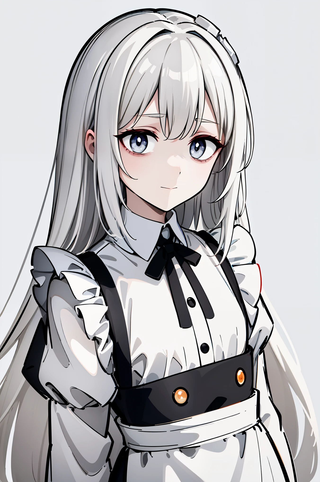 (masterpiece, best quality, ultra high quality, by quan, sketch:1.1), ((portrait)), 1girl, solo, young with long hair white hair, straight hair, blunt bangs, ((glowing eyes, pale gray eyes, white pupils)), (tired, bags under eyes:1.2), small breasts, flat chest, neutral, innexpressive, small smile, v-shape smile, curvy smile, :>, white and black dress, maid, white apron, upper body, standing, hands behind back, isometric lightning, white background, simple background