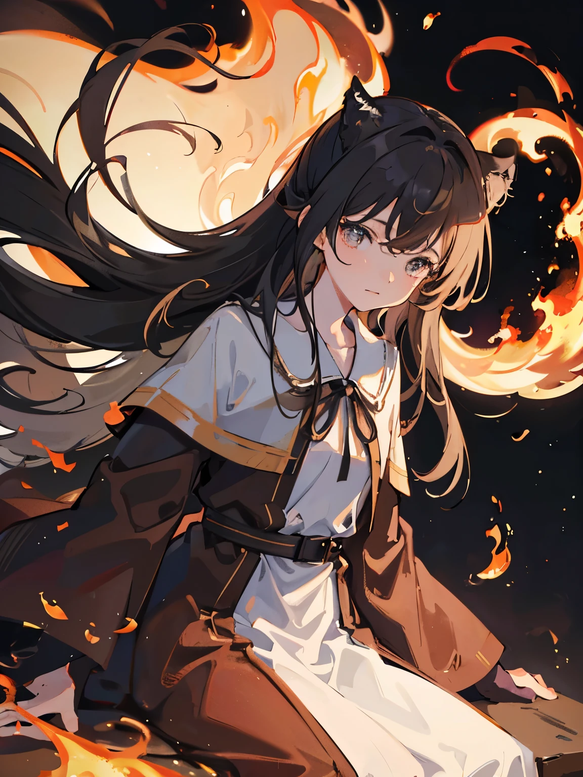 (best quality, masterpiece), (1girl, solo,brown robe, expression face, looking away, sitting, wide sleeves, black eyes, closed mouth, ribbon shape fire on head, long hair, cowboy shot), (Monochrome, night sky at cave entrance , light rising from the bottom, inside Cave, floating glowing bunch of white particles, burning fire at hand, floating many small fires),