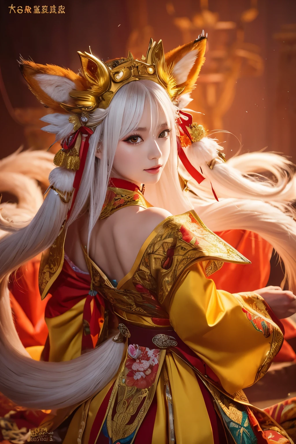 ( absurdly , high quality , Super detailed,See photographer ),(fox god,nine-tailed fox) ,Costumes with detailed, beautiful and colorful patterns,See photographer,god&#39;s palace