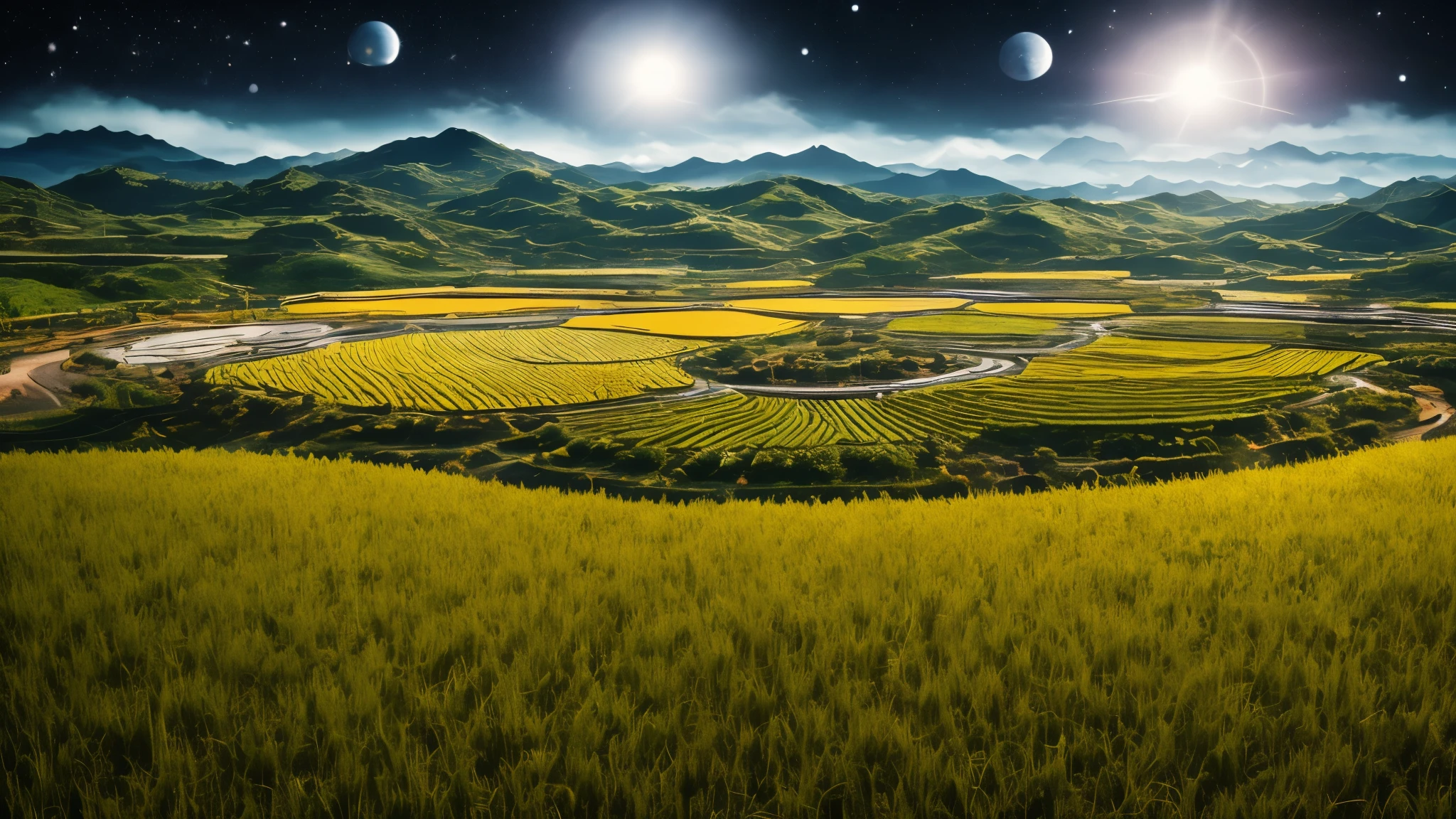 启动未来派水稻田与Space Station的创作模式,Incorporating elements from alien rice。first,Paint a deep space background,The stars are shining,The universe is boundless。in this magnificent universe,一座先进的Space Station静静地漂浮着,Its structure is complex and delicate,Reflecting the rays of the sun,Showing the brilliance of human technology。 Space Station下方,It is a rice field full of vitality and vitality。This rice field contrasts sharply with the space environment,Emerald green rice leaves and golden ears of rice sway in the sun,Like the green gem of the earth。in this rice field,A unique alien rice grows,Their shape is different from traditional rice,Taller、lush,Emits faint fluorescence。 To create a futuristic atmosphere,Can use avant-garde and abstract colors and lines,such as deep purples、Neon blue and fluorescent green, etc.。Space Station、Elements of alien rice and rice fields can echo each other,Form unique visuals。simultaneously,Pay attention to maintaining overall unity,The elements of space and rice fields are integrated into the picture.,Presenting a futuristic beauty。 In detail processing,You can add some science fiction elements,Such as advanced equipment of the space station、The mysterious texture of alien rice and more。simultaneously,It can also demonstrate the precise operation of intelligent robotic arms in rice fields.、UAV inspection and monitoring and other future agricultural scenarios。 at last,Optimization and adjustment through AI tools,使Space Station与未来派水稻田的场景更加生动和逼真。Such a design will show the perfect combination of future agriculture and space technology,and humankind’s exploration and expectation of extraterrestrial life,Filled with infinite reverie about the future。