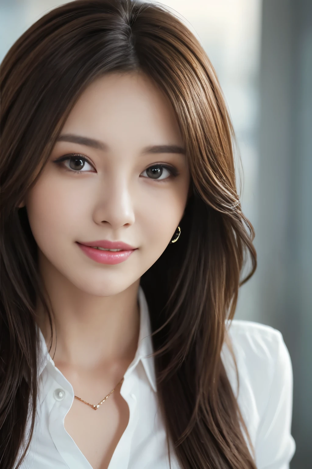 table top, highest quality, realistic, Super detailed, finely, High resolution, 8k wallpaper, 1 beautiful woman,, light brown messy hair, wearing a business suit, sharp focus, perfect dynamic composition, beautiful and detailed eyes, thin hair, Detailed realistic skin texture, smile, close-up portrait, model body shape