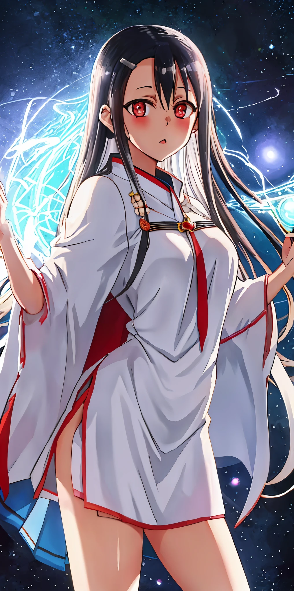 Nagatoro Hayase, goddess, pale skin with white dots resembling stars in the sky, white hair, glowing red eyes, white tunic, cosmic space, glowing wings, Nagatoro with divine appearance, cosmic, goddess