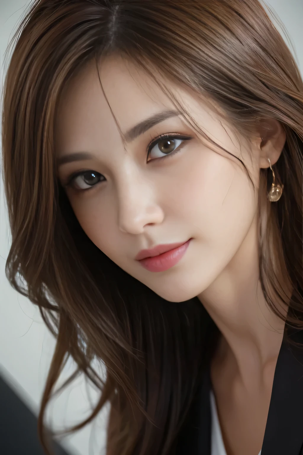 table top, highest quality, realistic, Super detailed, finely, High resolution, 8k wallpaper, 1 beautiful woman,, light brown messy hair, wearing a business suit, sharp focus, perfect dynamic composition, beautiful and detailed eyes, thin hair, Detailed realistic skin texture, smile, close-up portrait, model body shape