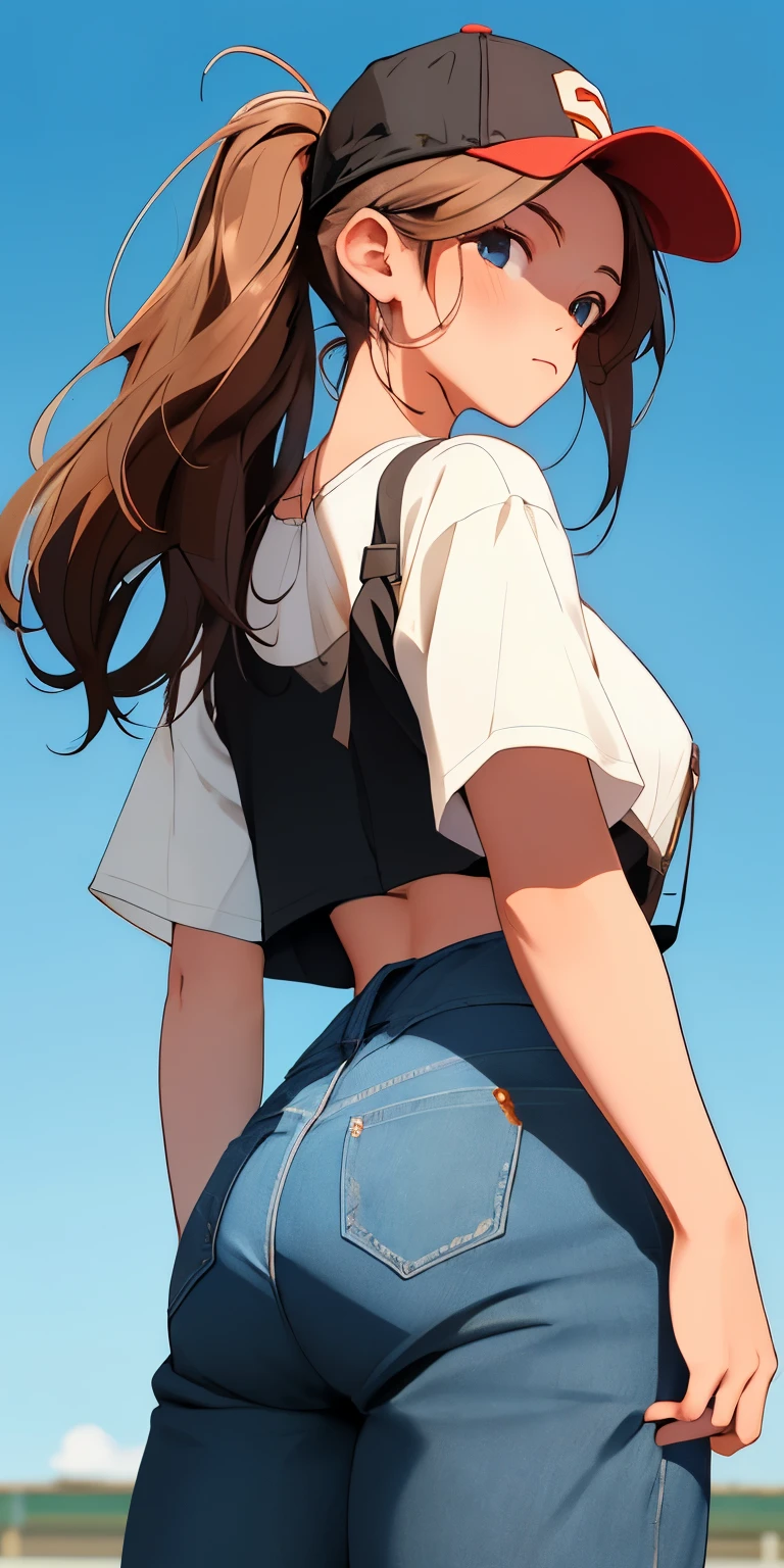 The beautiful, (tmasterpiece:1.2), (Best quality at best:1.2), perfect  eyes, s the perfect face, perfect litthing, 1个Giant Breast Girl, Sam, standing back, metathorax, baseball cap, black in color, , Brown hair, Crop top, cutoff point, Denim, denim short, facing away, from back, has cleavage, high legs, high legs, long whitr hair, median furrow, , Micro shorts, , pony tails, shorter pants, shorter pants, Side breasts,  Background with, Alone, vests, upper legs, Tong, underbust, underdressing, venue, grassy, walkway, humongous large breast, Wide hips, Place your arms at your sides