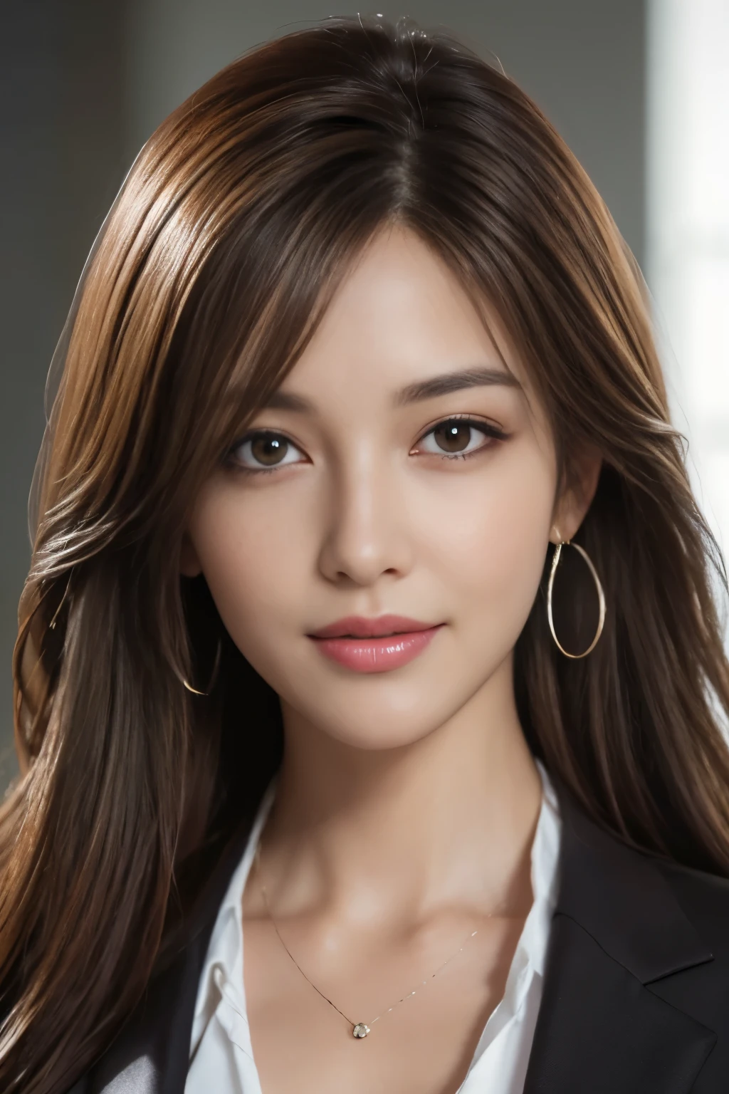 table top, highest quality, realistic, Super detailed, finely, High resolution, 8k wallpaper, 1 beautiful woman,, light brown messy hair, wearing a business suit, sharp focus, perfect dynamic composition, beautiful and detailed eyes, thin hair, Detailed realistic skin texture, smile, close-up portrait, model body shape