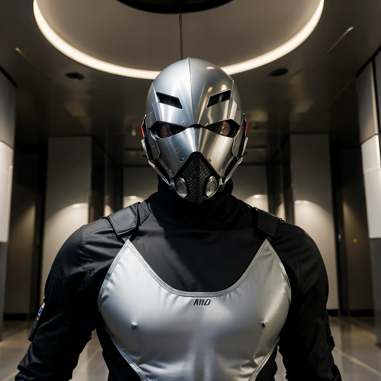 homem com armadura ultra tecnologica foge de agentes secretos em meio a tiroteio numa cidade ultra moderna estilo FX