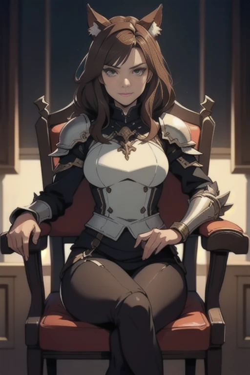 1girll, playgame, Light brown hair, sophisticated, female, beastman, fenrir, nobel crest, leather armor, looking at viewer, chair,