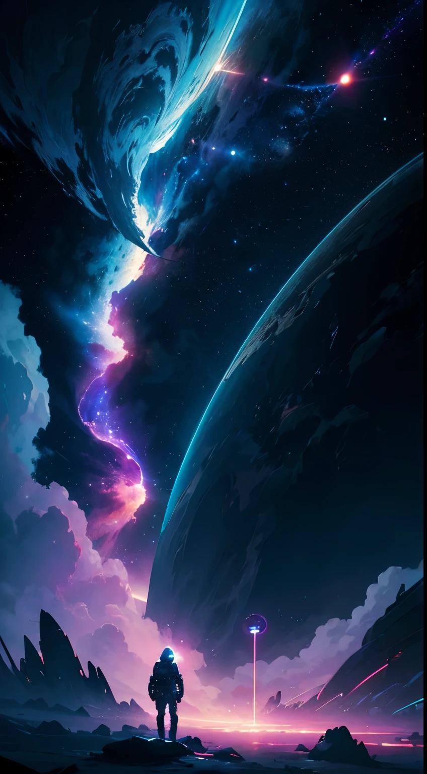 cosmic horror, hypercinematic artwork of a astronaut on a strange planet, dramatic colors, berautiful lighting, extreme shading, epic, breathtaking, rays of light, misteryous, badass, cosmic, stardust wind, a strange landscape, depth, great composition,surreal sky, spell, long exposure, (UHD, 8k-, astronomic wallpaper), particles, weird, phisics