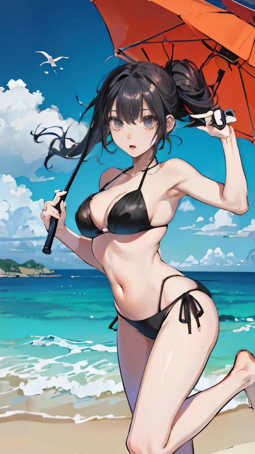 High resolution, highest quality, masterpiece, 超High resolution, 超High resolution, surreal, 3D, anime, figure, alone, very beautiful and cute teenage woman, her hair is moving, whole body, amazing perfect proportions,big breasticro bikini、Amitants、Sandy beach with beach umbrellas、blue sea、Blue sky、tropical beach、Orange、Hajagu、jump