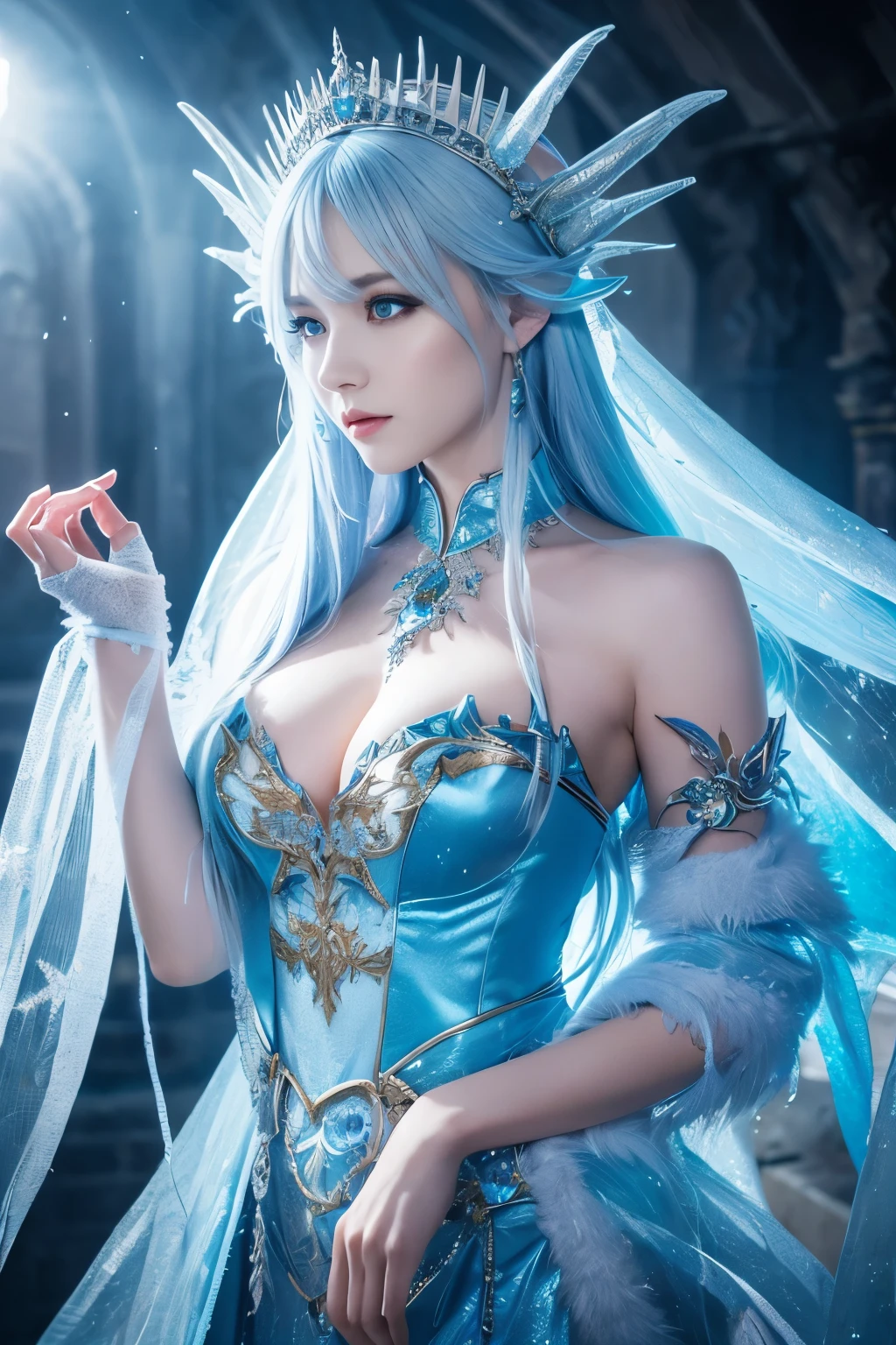 ( absurdly , high quality , Super detailed,See photographer ), Ice Queen,Detailed and beautifully colored dragon costume,