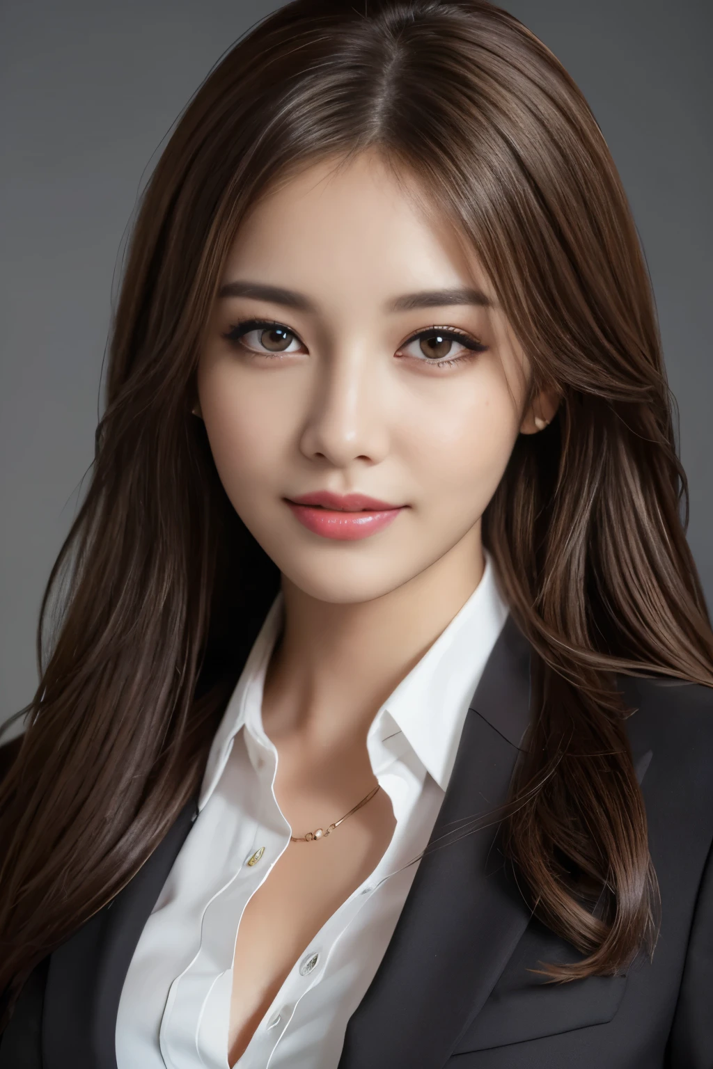 table top, highest quality, realistic, Super detailed, finely, High resolution, 8k wallpaper, 1 beautiful woman,, light brown messy hair, wearing a business suit, sharp focus, perfect dynamic composition, beautiful and detailed eyes, thin hair, Detailed realistic skin texture, smile, close-up portrait, model body shape