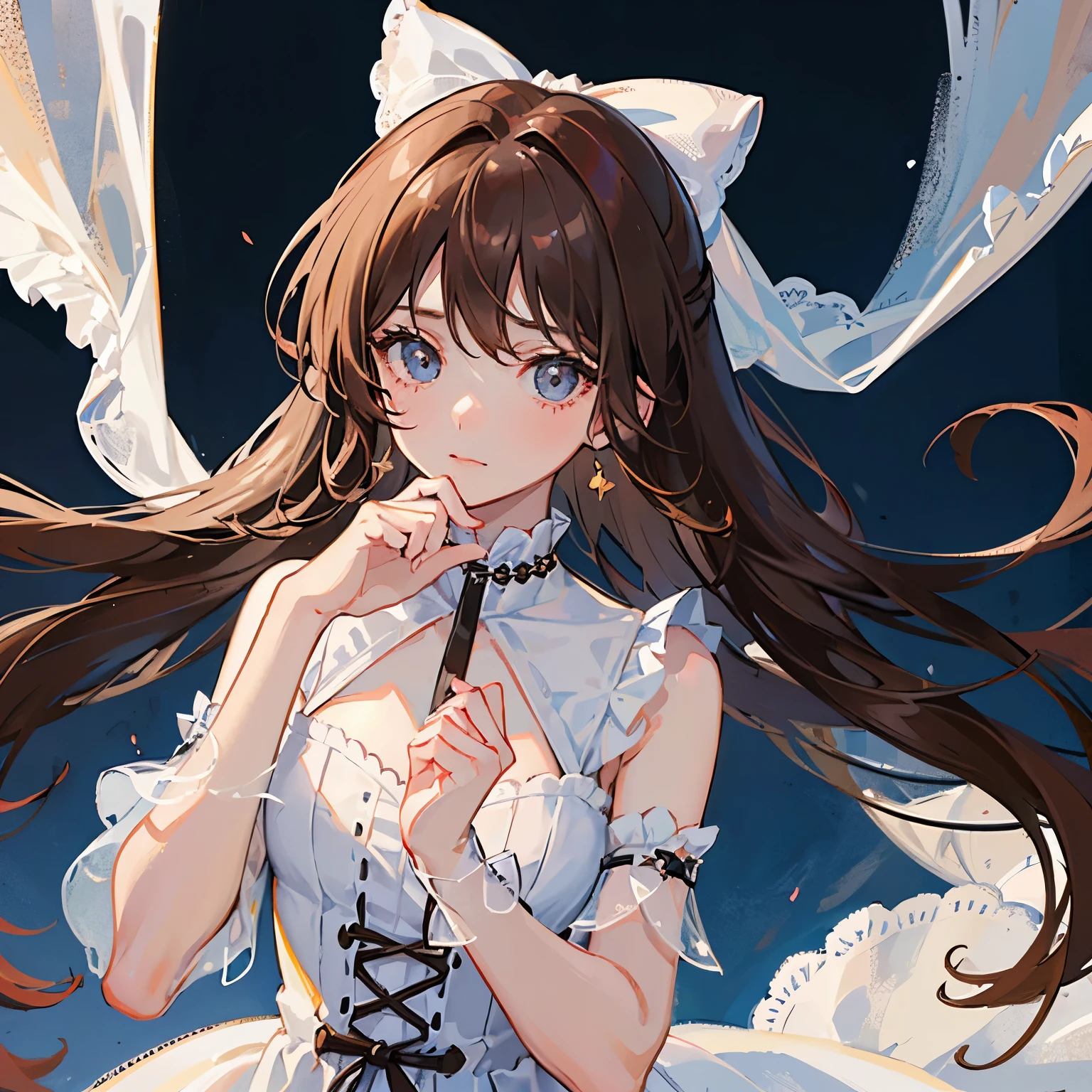 (extremely delicate and beautiful: 1.2), 1girl, fashi-girl, pretty eyes, bow, brown hair, closed mouth, sideways, hair bow, short sleeves, looking at the viewer, long hair, solo, upper body,