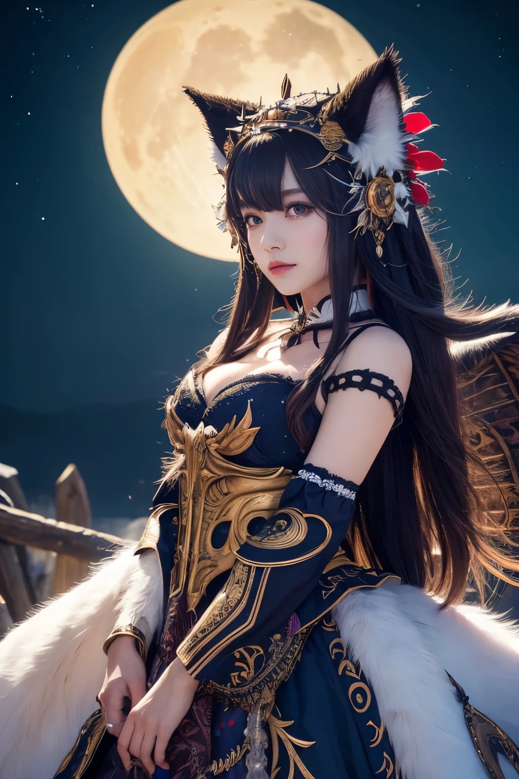 ( absurdly , high quality , Super detailed,See photographer ), fenrir queen,Fenrir's costume has detailed, beautiful and colorful patterns.,See photographer,Fantastic crescent moon background