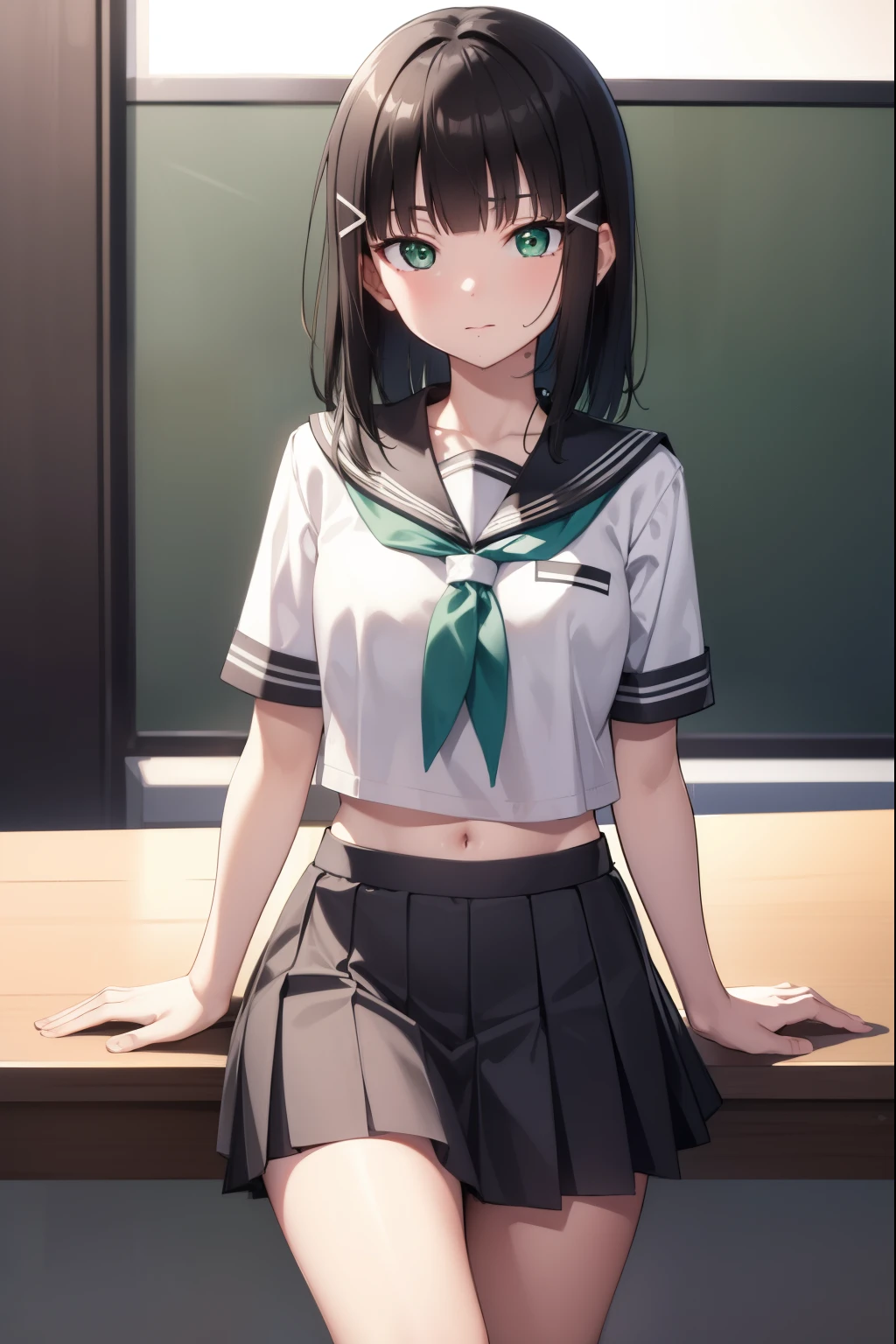 diakurosawa, dia kurosawa, black hair, (green eyes:1.5), blunt bangs, grey skirt, hair ornament, hairclip, mole, mole under mouth, (small breast:1.2),
BREAK grey skirt, midriff peek, pleated skirt, school uniform, serafuku, short sleeves, skirt, uranohoshi school uniform,
BREAK looking at viewer,
BREAK indoors, classroom,
BREAK (masterpiece:1.2), best quality, high resolution, unity 8k wallpaper, (illustration:0.8), (beautiful detailed eyes:1.6), extremely detailed face, perfect lighting, extremely detailed CG, (perfect hands, perfect anatomy),