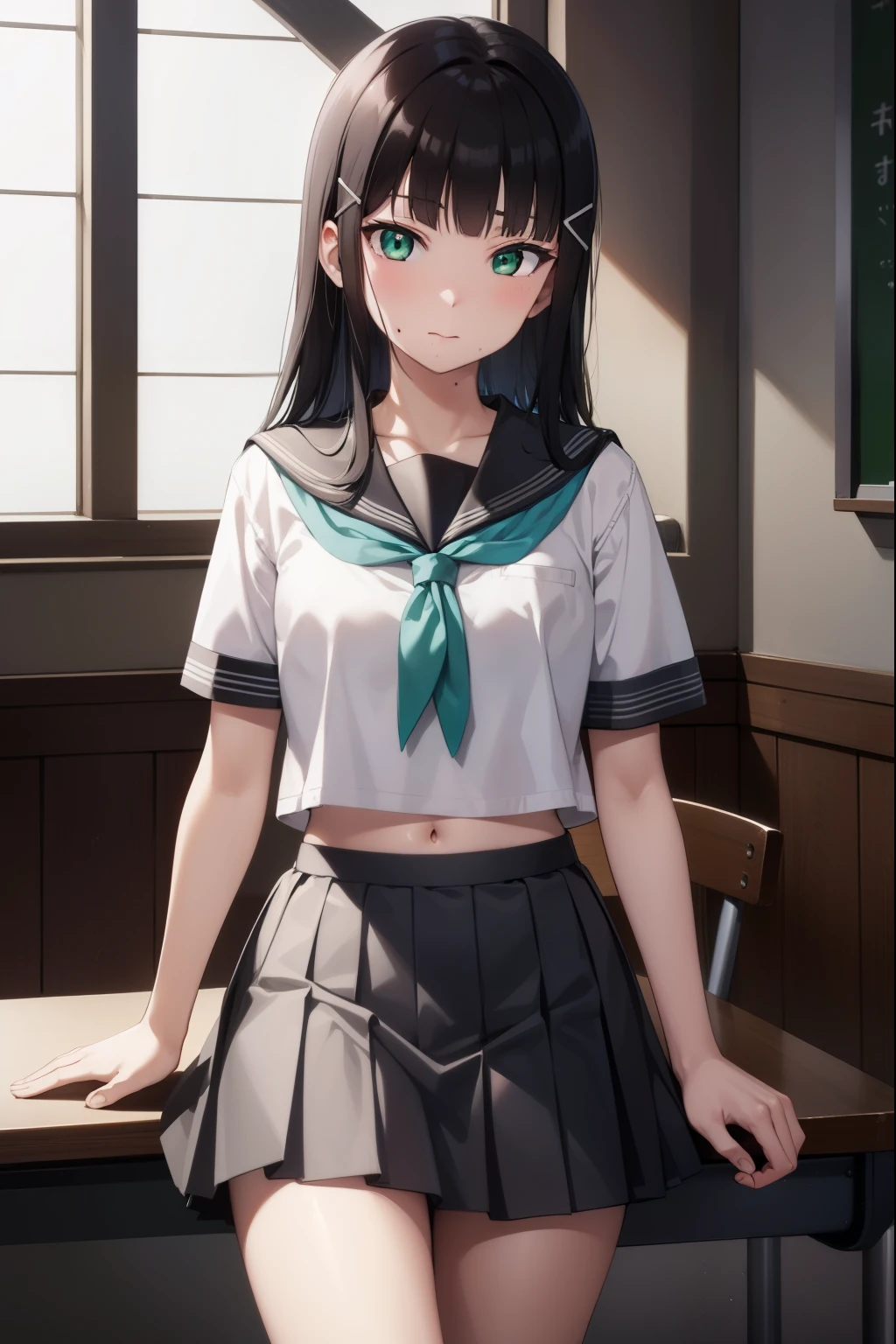 diakurosawa, dia kurosawa, black hair, (green eyes:1.5), blunt bangs, grey skirt, hair ornament, hairclip, mole, mole under mouth, (small breast:1.2),
BREAK grey skirt, midriff peek, pleated skirt, school uniform, serafuku, short sleeves, skirt, uranohoshi school uniform,
BREAK looking at viewer,
BREAK indoors, classroom,
BREAK (masterpiece:1.2), best quality, high resolution, unity 8k wallpaper, (illustration:0.8), (beautiful detailed eyes:1.6), extremely detailed face, perfect lighting, extremely detailed CG, (perfect hands, perfect anatomy),