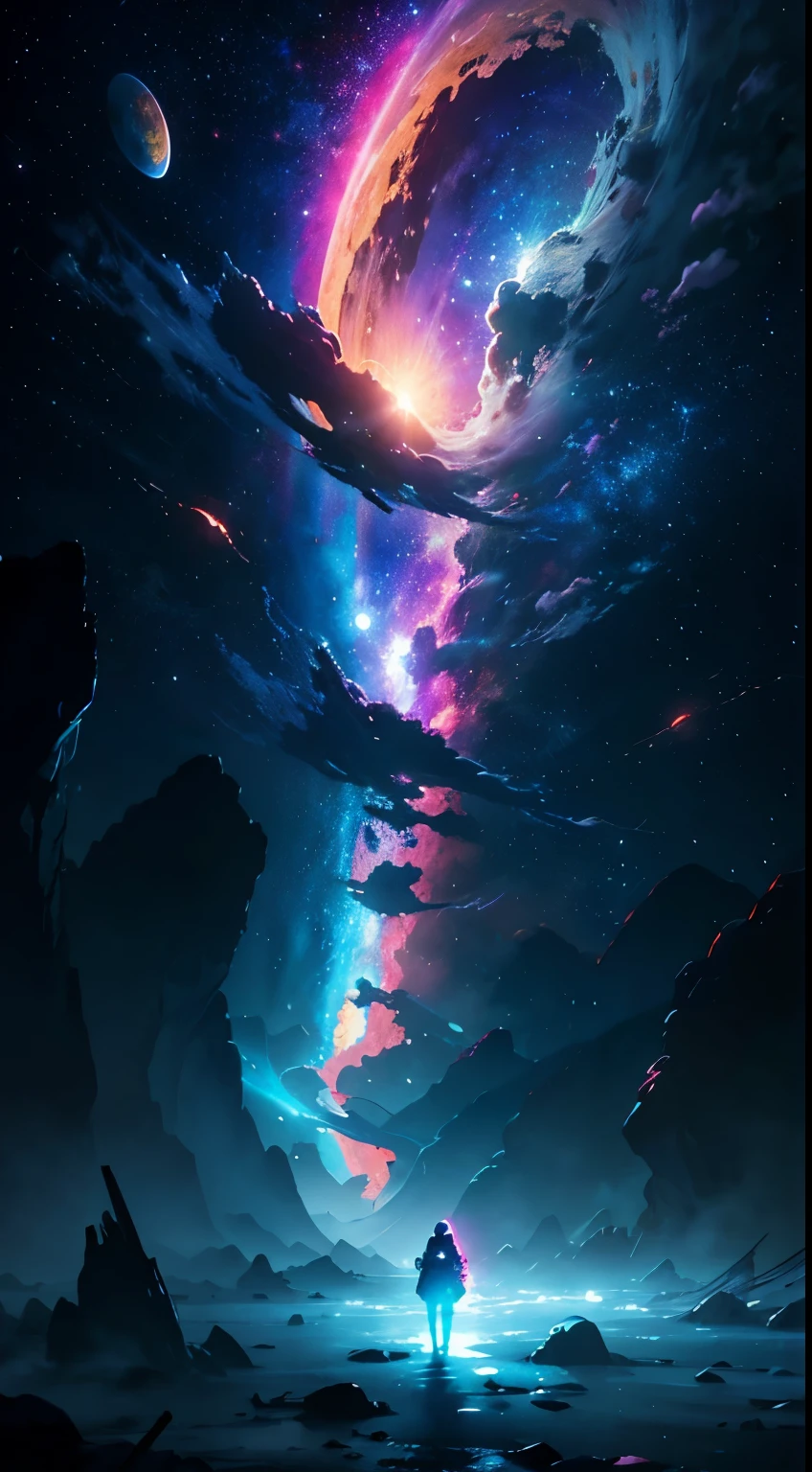 cosmic horror, hypercinematic artwork of a astronaut on a strange planet, dramatic colors, berautiful lighting, extreme shading, epic, breathtaking, rays of light, misteryous, badass, cosmic, stardust wind, a strange landscape, depth, great composition,surreal sky, spell, long exposure, (UHD, 8k-, astronomic wallpaper), particles, weird, phisics, (hypercreative:1)
