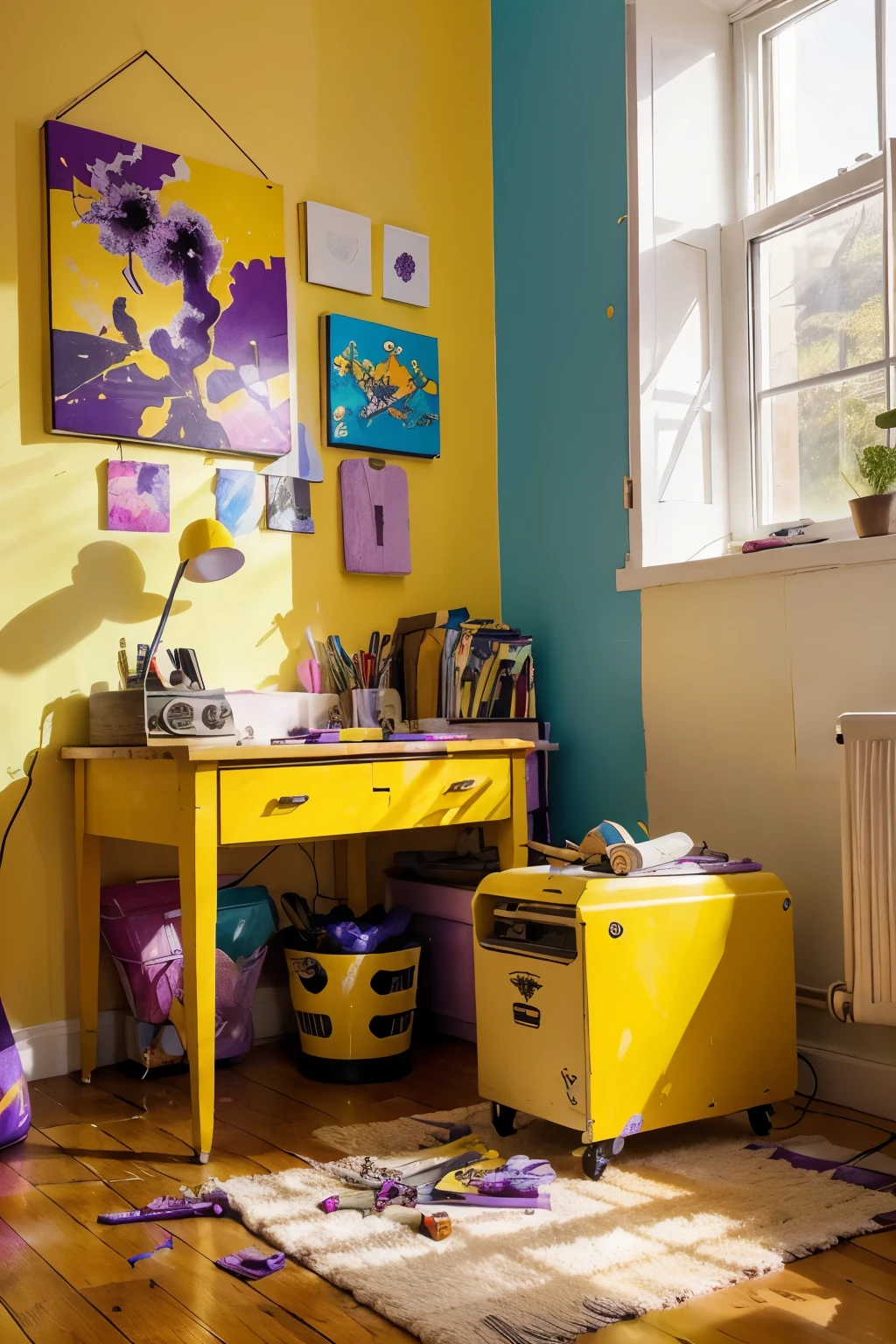 A vibrant explosion of purple and yellow fills a visual artist's room. Walls burst with playful patterns, echoing the wild energy of the space. Sunlight streams through a window, highlighting a vintage typewriter with mismatched keys, its paper filled with fantastical doodles. A bright yellow guitar leans against a canvas splashed with bold strokes. Art supplies— tubes of paint, colorful markers, and well-loved brushes—explode across a worktable, ready for the next burst of inspiration.