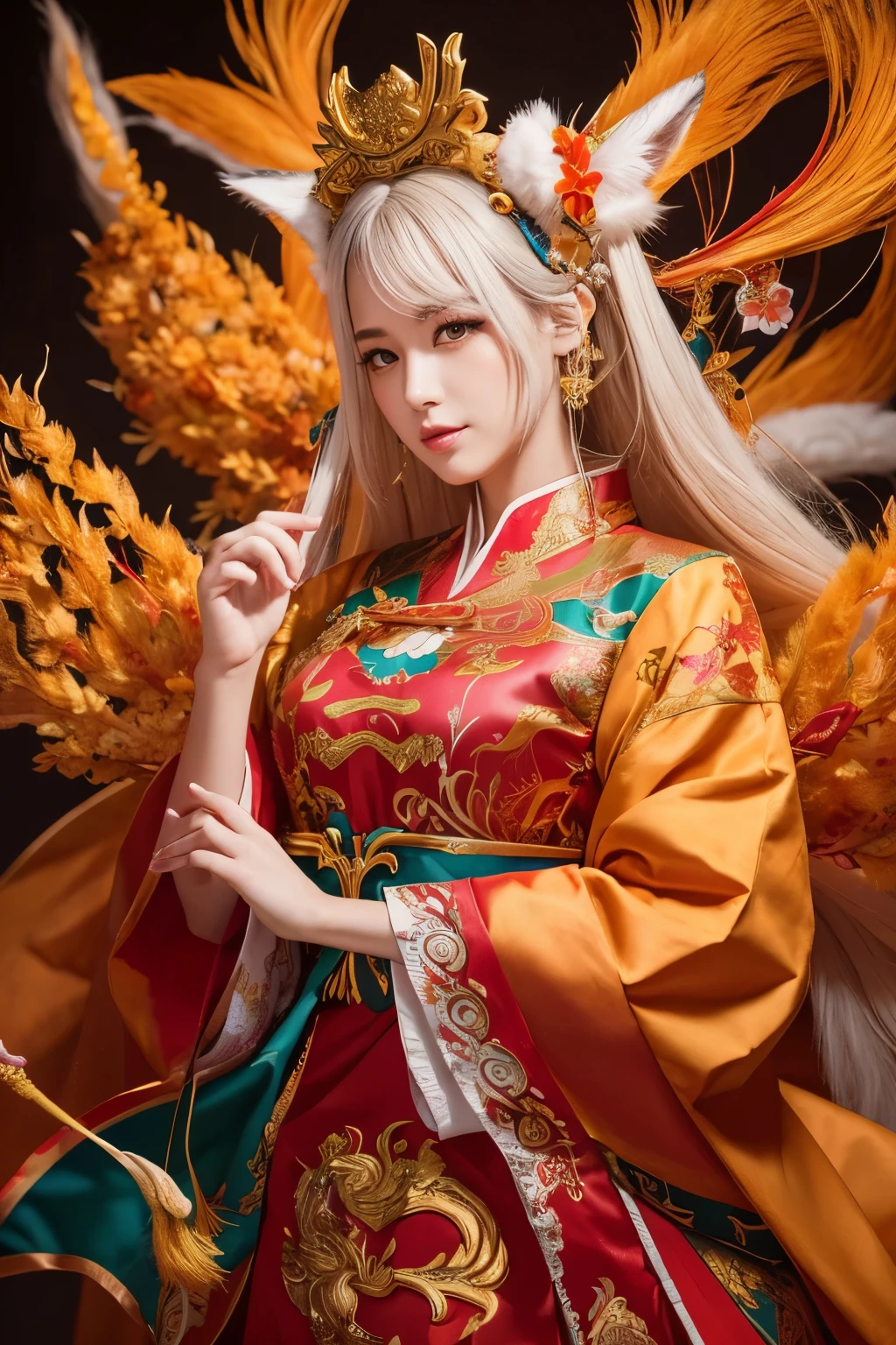 ( absurdly , high quality , Super detailed,See photographer ),(fox god,nine-tailed fox) ,Costumes with detailed, beautiful and colorful patterns,See photographer,god&#39;s palace