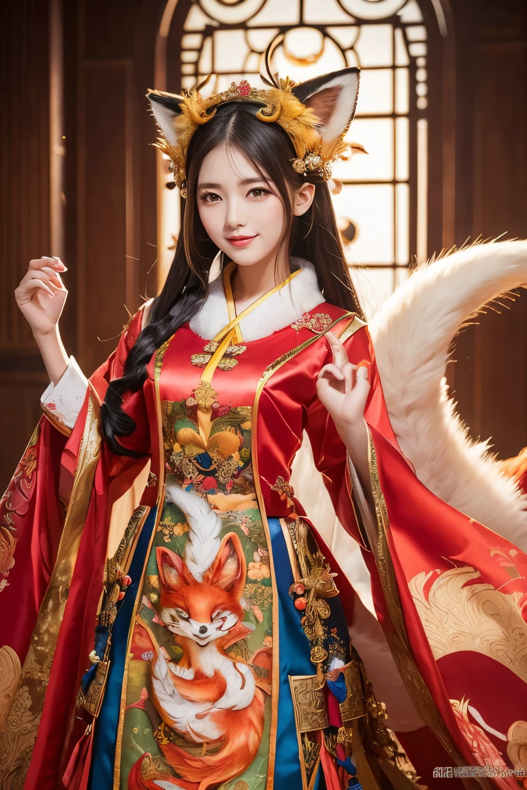 ( absurdly , high quality , Super detailed,See photographer ),(fox god,nine-tailed fox) ,Costumes with detailed, beautiful and colorful patterns,See photographer,god&#39;s palace