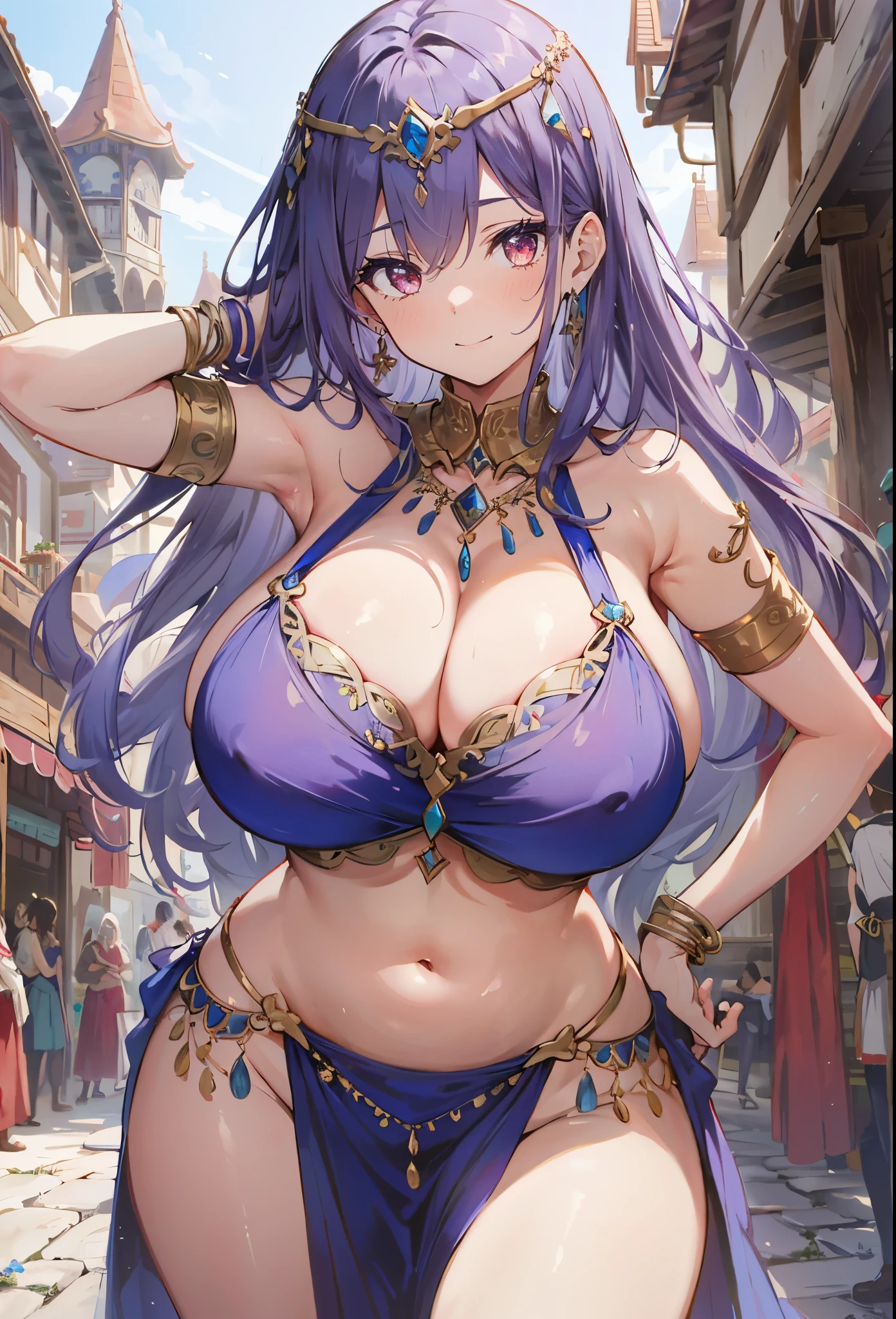 high quality, ultra detailed, best quality, insanely detailed, beautiful, masterpiece, 1girl, plaza, medieval Europe, cowboy shot, red eyes, long hair, light purple hair, (belly dancer, harem outfit, pelvic curtain:1.2), purple costume, bare legs, circlet, earrings, armlets, bracelets, bashful smile, dancing, large breasts, cleavage, soft stomach