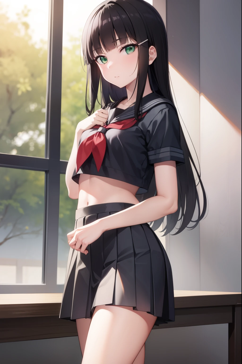 diakurosawa, dia kurosawa, black hair, (green eyes:1.5), blunt bangs, grey skirt, hair ornament, hairclip, mole, mole under mouth, (small breast:1.2),
BREAK grey skirt, midriff peek, pleated skirt, school uniform, serafuku, short sleeves, skirt, uranohoshi school uniform,
BREAK looking at viewer,
BREAK indoors, classroom,
BREAK (masterpiece:1.2), best quality, high resolution, unity 8k wallpaper, (illustration:0.8), (beautiful detailed eyes:1.6), extremely detailed face, perfect lighting, extremely detailed CG, (perfect hands, perfect anatomy),