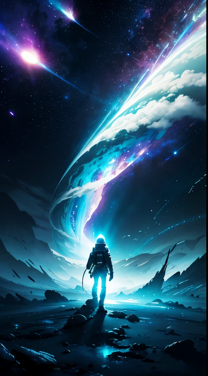 cosmic horror, hypercinematic artwork of a astronaut on a strange planet, dramatic colors, berautiful lighting, extreme shading, epic, breathtaking, rays of light, misteryous, badass, cosmic, stardust wind, a strange landscape, depth, great composition,surreal sky, spell, long exposure, (UHD, 8k-, astronomic wallpaper), particles, weird, phisics, (hypercreative:1, bioluminscent lighting, extreme shading:1)