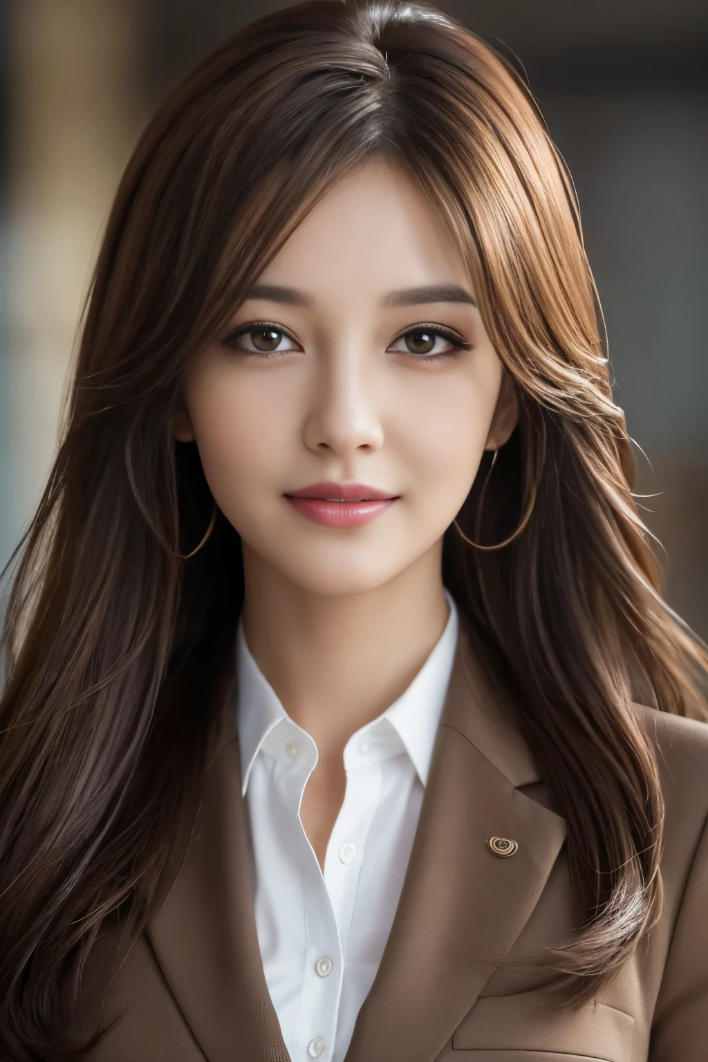 table top, highest quality, realistic, Super detailed, finely, High resolution, 8k wallpaper, 1 beautiful woman,, light brown messy hair, wearing a business suit, sharp focus, perfect dynamic composition, beautiful and detailed eyes, thin hair, Detailed realistic skin texture, smile, close-up portrait, model body shape