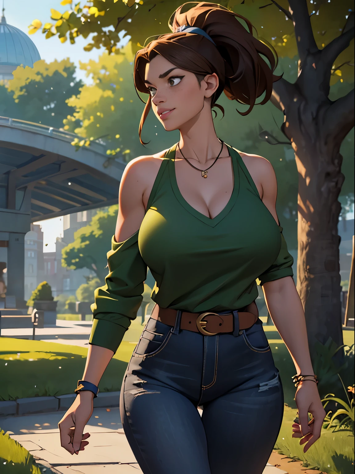 (masterpiece, top quality, best quality, official art, beautiful and aesthetic:1.2), (1girl:1.3), (gorgeous face), light freckles, fair skin, brown hair, extremely detailed, portrait, looking at viewer, solo, (full body:0.6), detailed background, close up, (airy modern theme:1.1), extremely busty photographer girl, ponytail, big lips, charlatan, smiling, mysterious, walking in the park, dark green jacket, green tank top, jeans, do-rag, headband, bandana, bracelets, necklace, trees, modern city park, pond, paths, well-lit, thin and toned physique, ((((gigantic breasts, cleavage, skindentation)))), slim waist, slim hips, long legs, modern (park exterior:1.1) background, dark mysterious lighting, shadows, magical atmosphere, dutch angle,