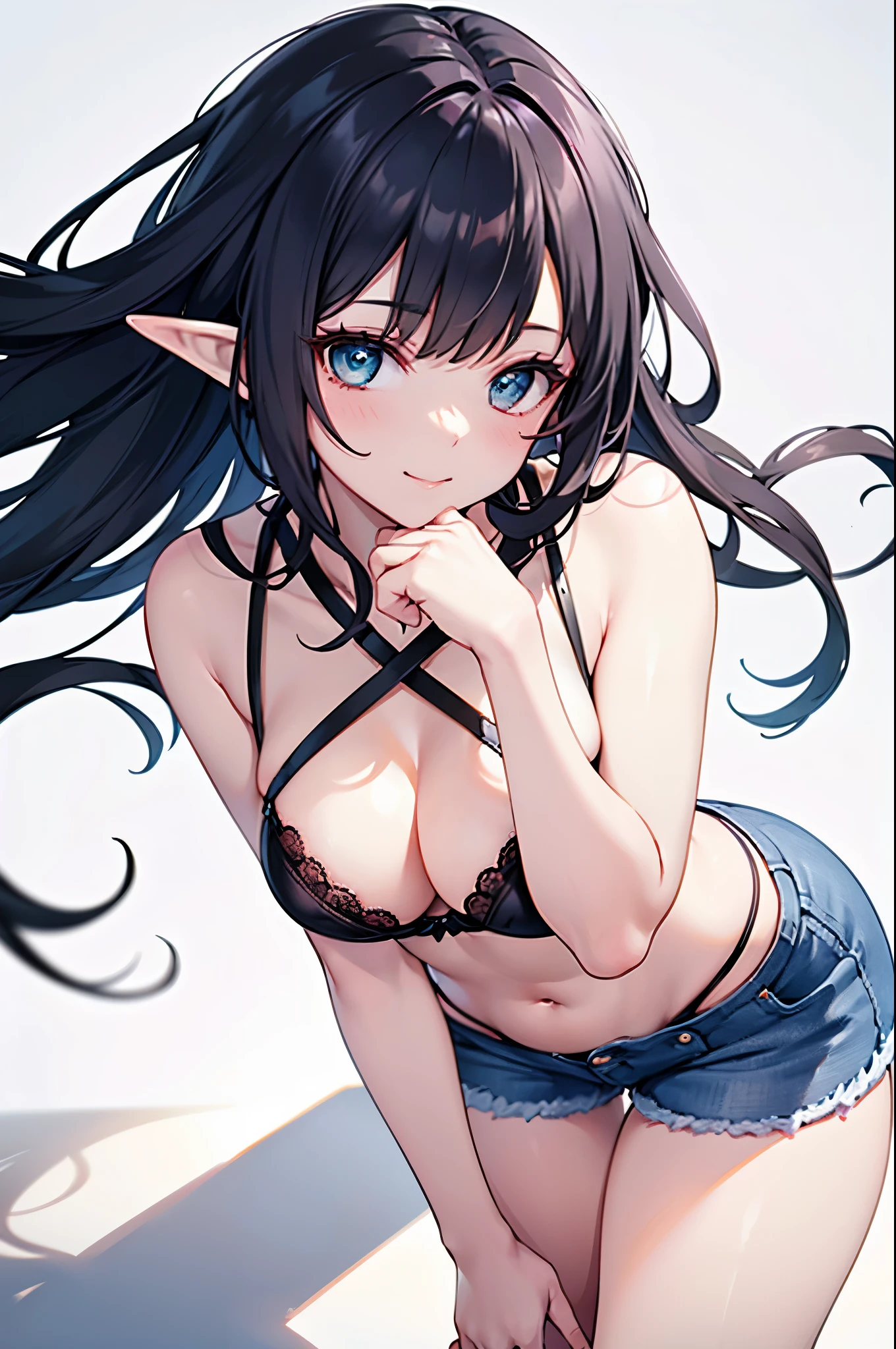 realistic image, coherent image, detailed image, 1 beautiful elf. She has long hair, black hair. Her eyes are turquoise, long eyelashes. Her face is oval and delicate, smiling. She is wearing a lace bra, jean shorts. She has a curvy body, medium breasts, thick thighs. sexy pose. with arms crossed. view of her full body. White background, uniform background. natural lighting, volumetric lighting