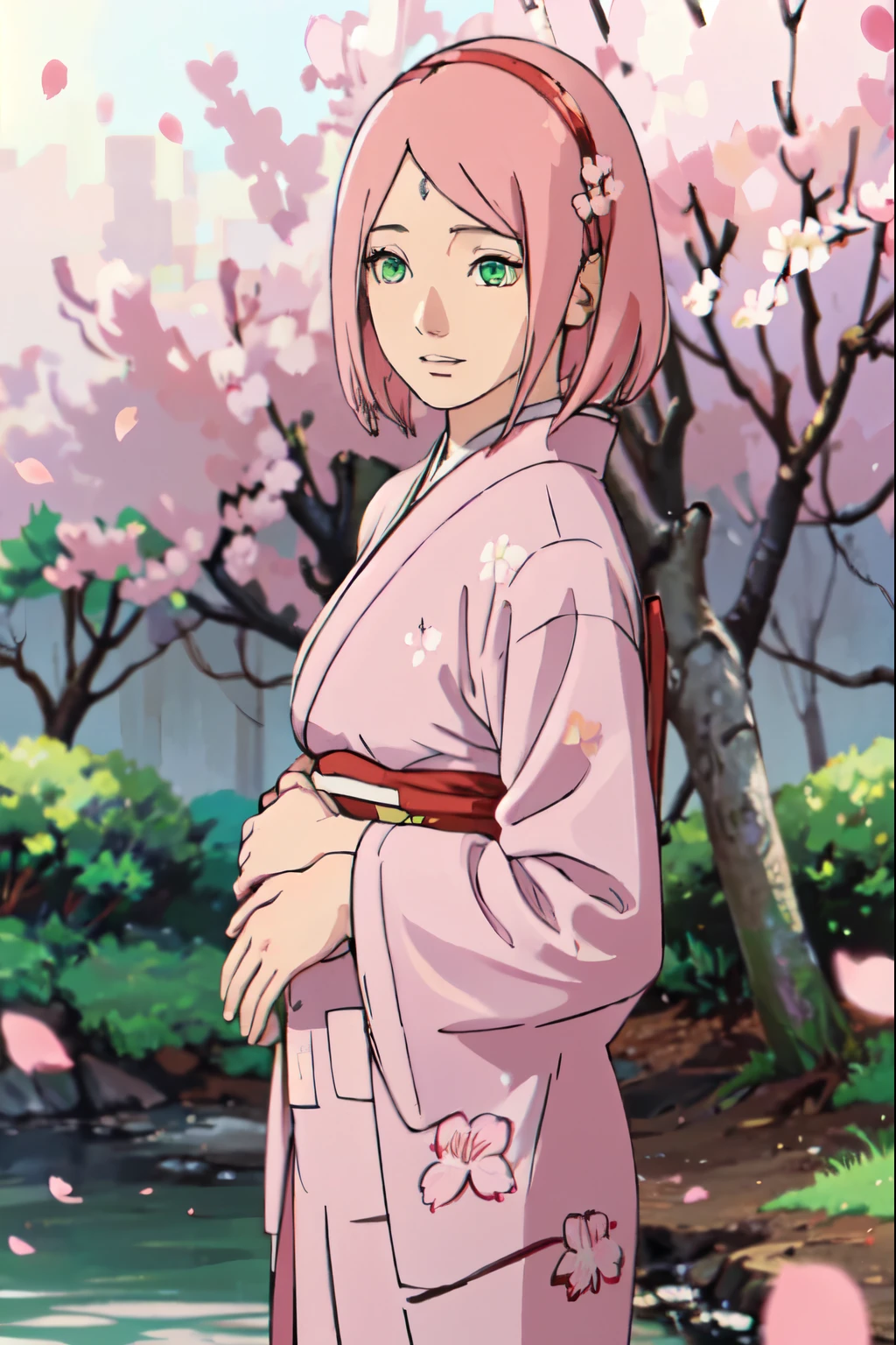 (best quality, highres, ultra-detailed, realistic:1.37), vibrant pink-haired girl, delicate sakura blossoms surrounding her, slender legs, small breasts, holding a newborn baby with green hair, beautiful detailed eyes, beautiful detailed lips, serene expression, soft and gentle touch, Japanese garden in the background, cherry blossom petals floating in the air, sunlight filtering through the branches, creating a warm and ethereal atmosphere, pastel colors, intricate kimono with floral patterns, a sense of tranquility and motherly love permeating the scene.