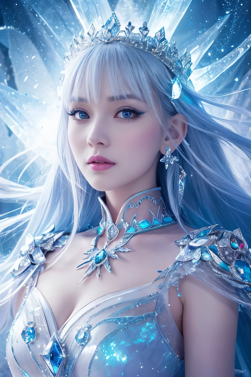 ( absurdly , high quality , Super detailed,See photographer ), Ice Queen,Crystal costume with detailed, beautiful and colorful patterns,ice queen,ice World,fantasy
