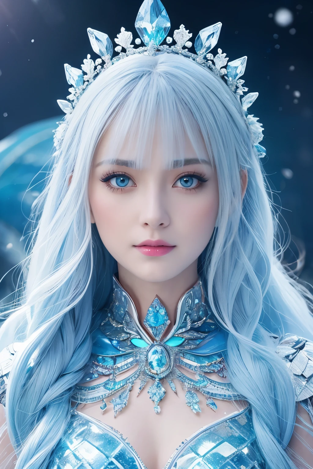 ( absurdly , high quality , Super detailed,See photographer ), Ice Queen,Crystal costume with detailed, beautiful and colorful patterns,ice queen,ice World,fantasy