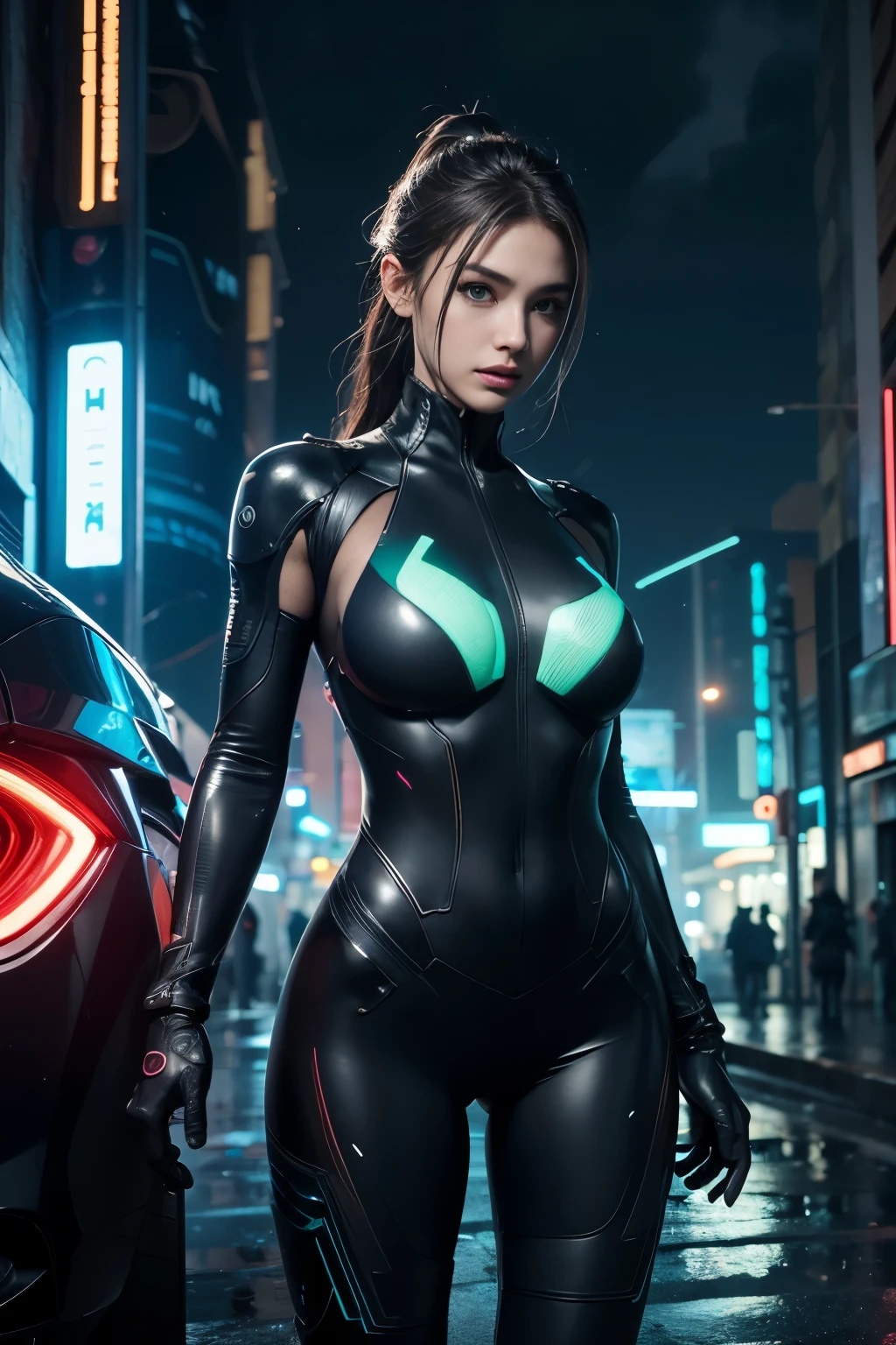 Armor type, stealth, character design, The is very detailed, Complicated details,cyber punk perssonage, Female form,tightsuit,full bodyesbian,(dynamicposes:1.0),focused only,(at centre,Scale to fit the dimensions,the rule of thirds), cyberpunk perssonage city by the sea at night, There are bright neon lights and dark storm clouds and puddles, scenecy:1.25, A high resolution, Focus sharp, (ultra - detailed, The is very detailed), (realistic artwork:1.37),(The is very detailed CG unity 8k wallpaper),((Synthetic wave background theme)),(((vivd colour))),(intricate background),(tmasterpiece),(Best quality at best), large breasts