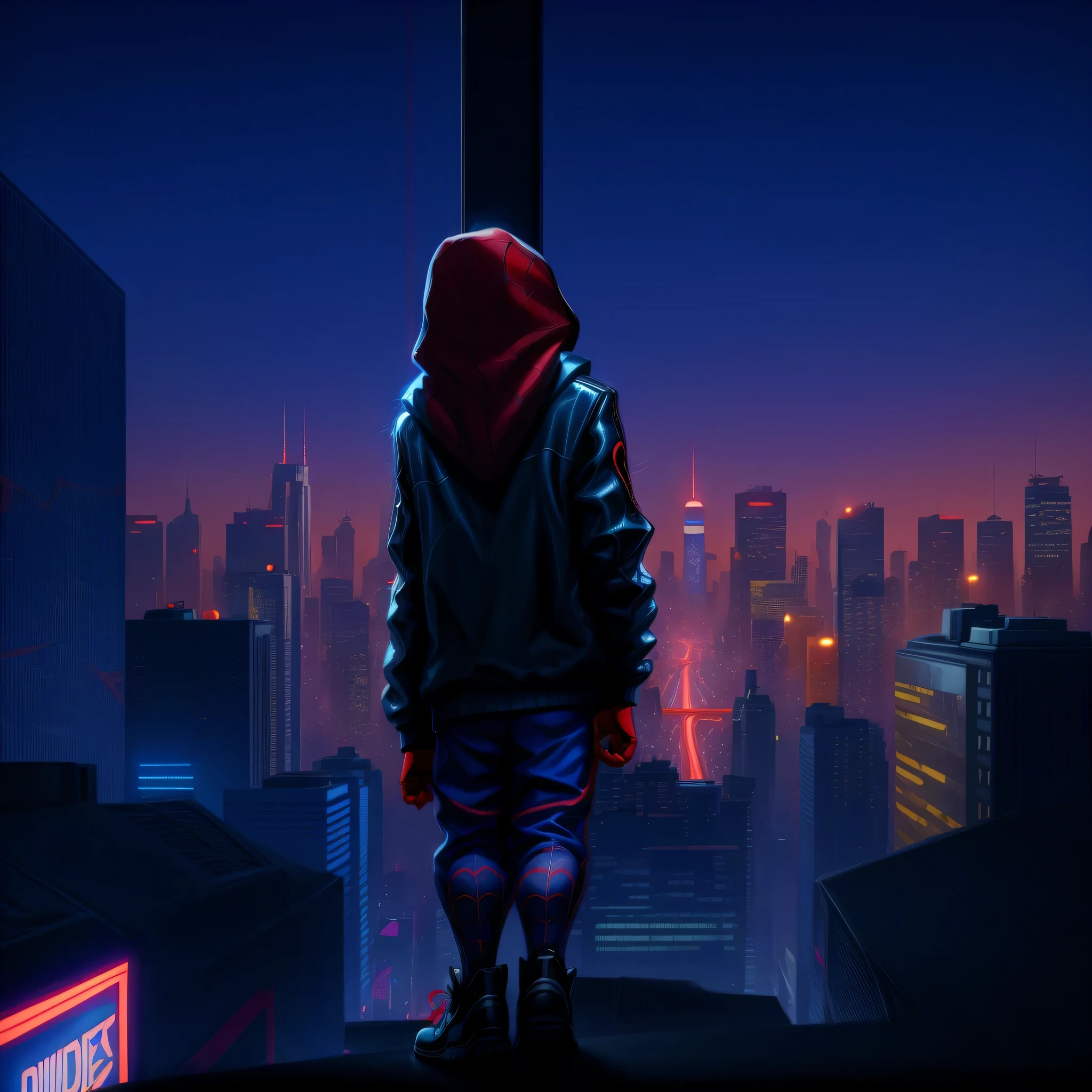 spider - man into the spider - verse, donald glover as miles morales, into the spider verse, into the spiderverse, miles morales, miles morales!!!, spiderverse, hero pose colorful city lighting, youtube video screenshot, spider - verse art style, with cinematic lighting, movie promotional image, peter parker, ps5 cinematic screen capture, inspired by Liam Wong