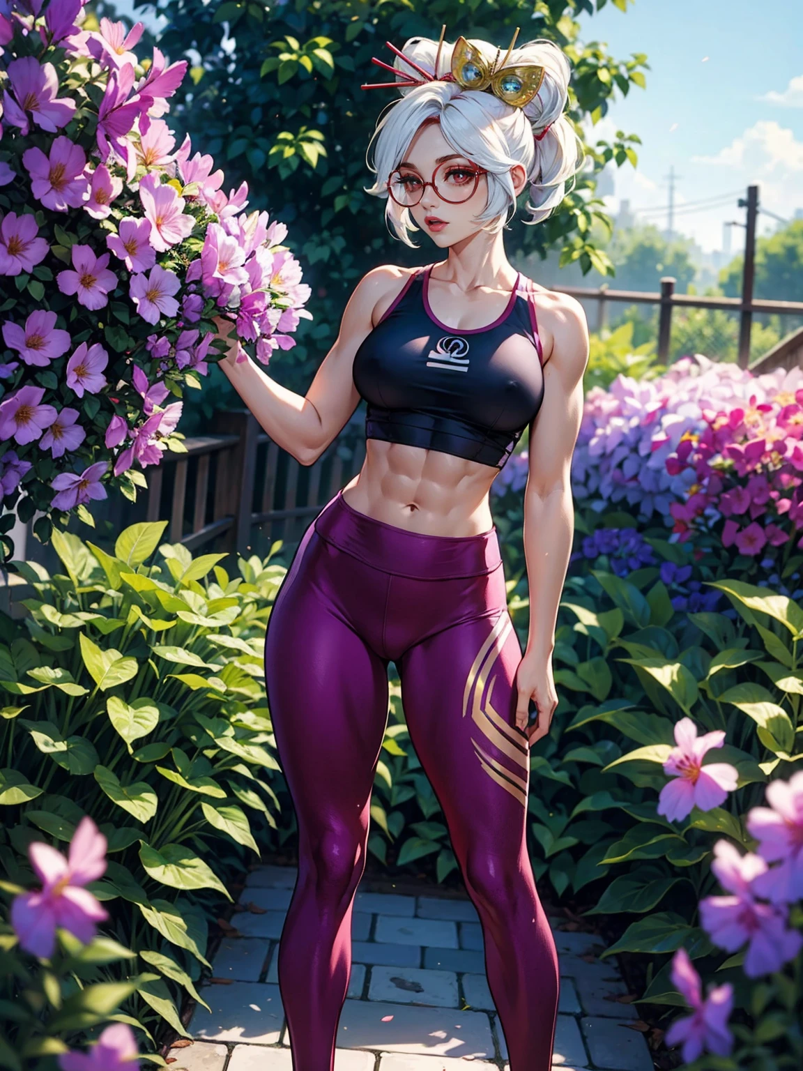 ((Masterpiece, standing, profile, Best Quality, Purah, White Hair, Red Eyes, Red Headband, Hair Ornament, Hair Sticks, Red Glasses, shy, Smug)), ((pink lipstick, Extremely detailed, ambient soft lighting, 4k, perfect eyes, a perfect face, perfect lighting, a 1girl)) ((austere, shiny eyes, red tank top, white yoga pants, tight clothes)), (((fitness))) 1girl, solo, standing ((standing, garden background)), flowers, jacaranda grove, park